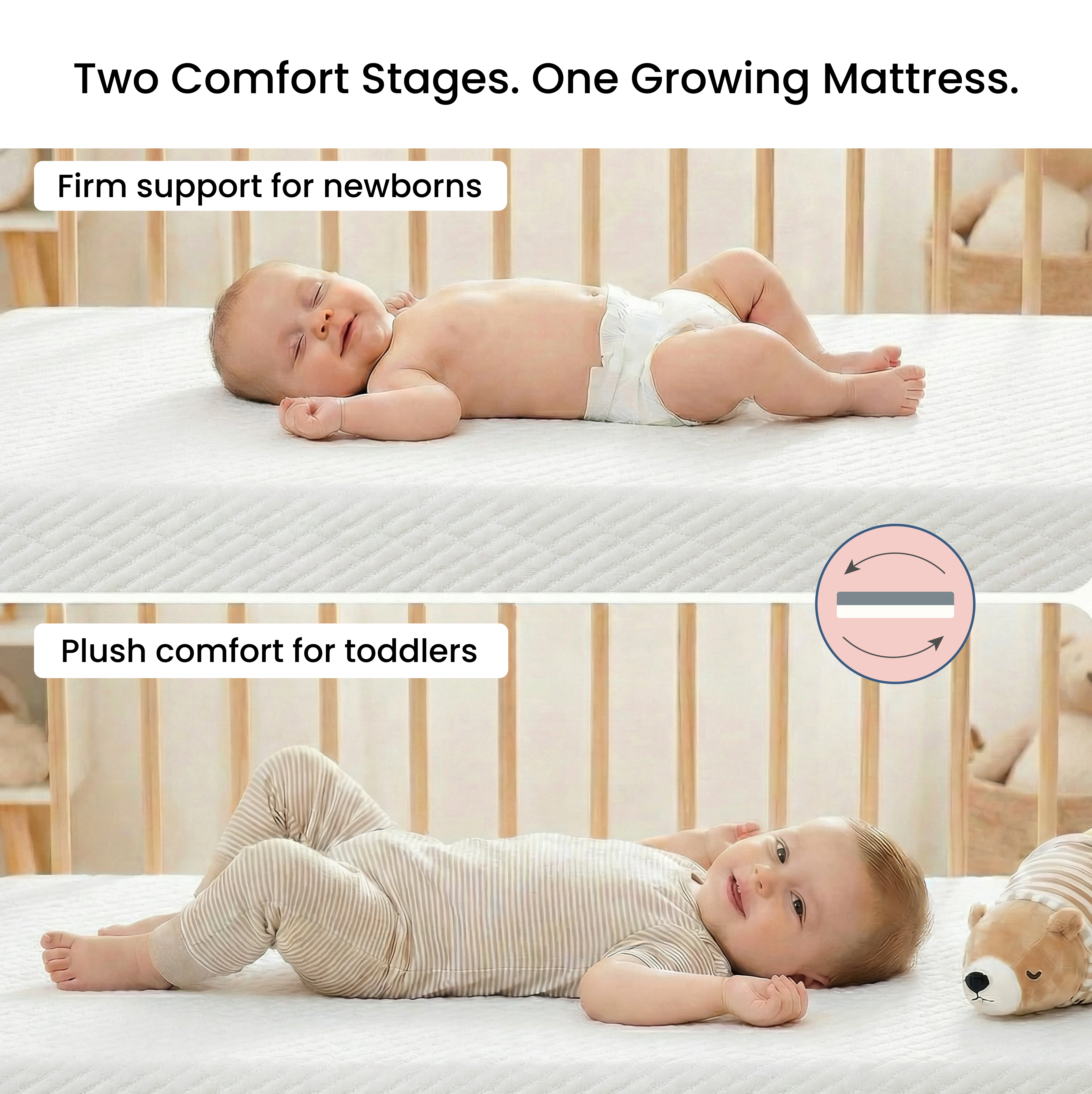 Two-stage baby mattress with a newborn sleeping on a firm side and a toddler lying on a plush side, demonstrating dual comfort support in a crib