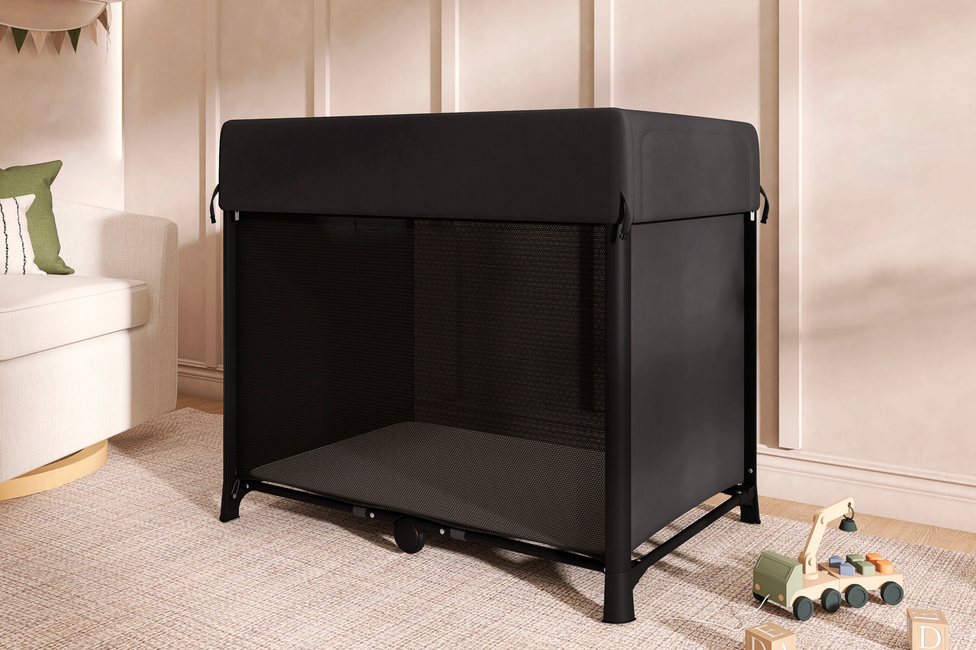 Evolur Zane Portable Playard placed in a softly lit nursery room with neutral decor and wooden toys on the carpet