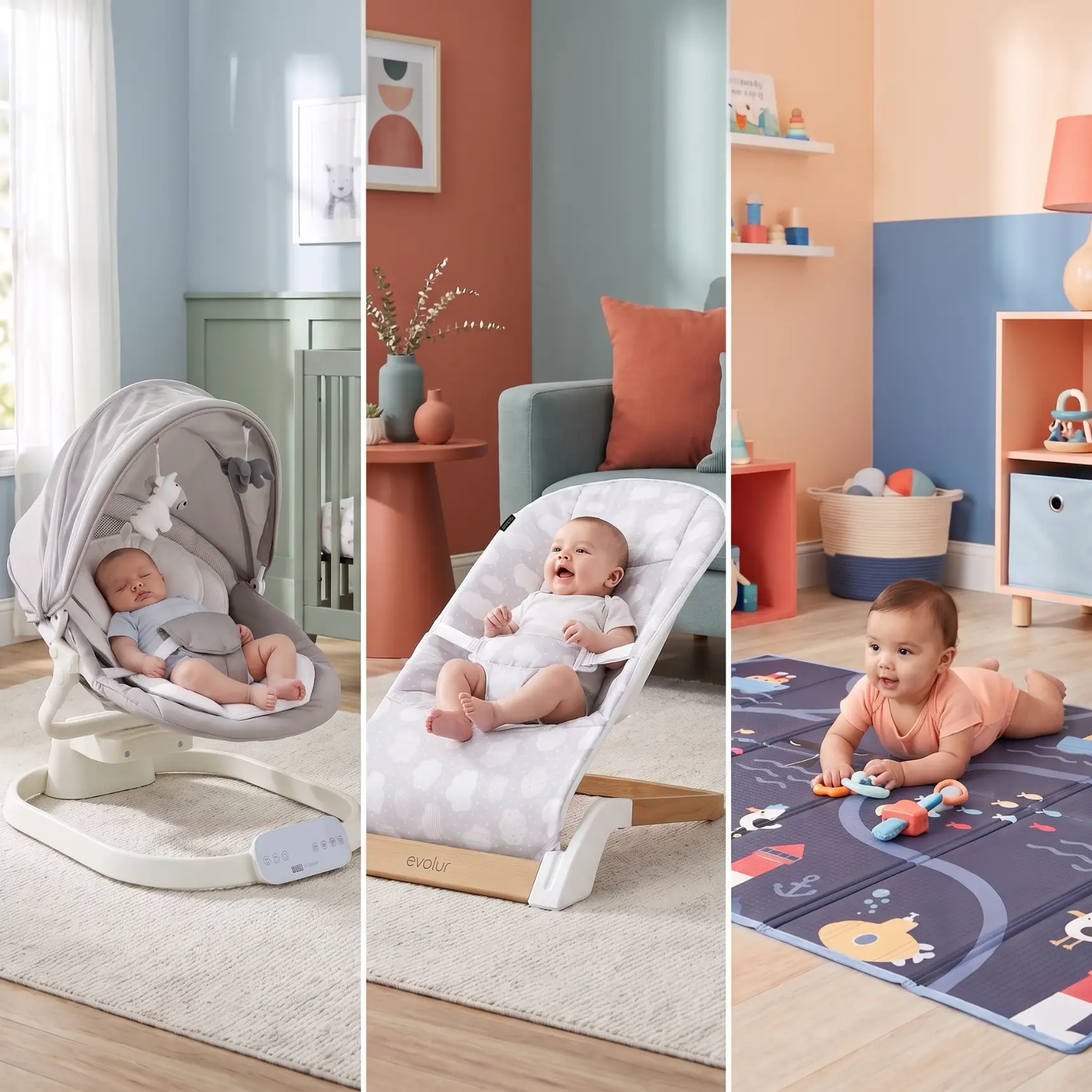 Three scenes showing babies with different gear: a baby sleeps in a gray rocker, another smiles in a white bouncer, and a third does tummy time on a play mat.