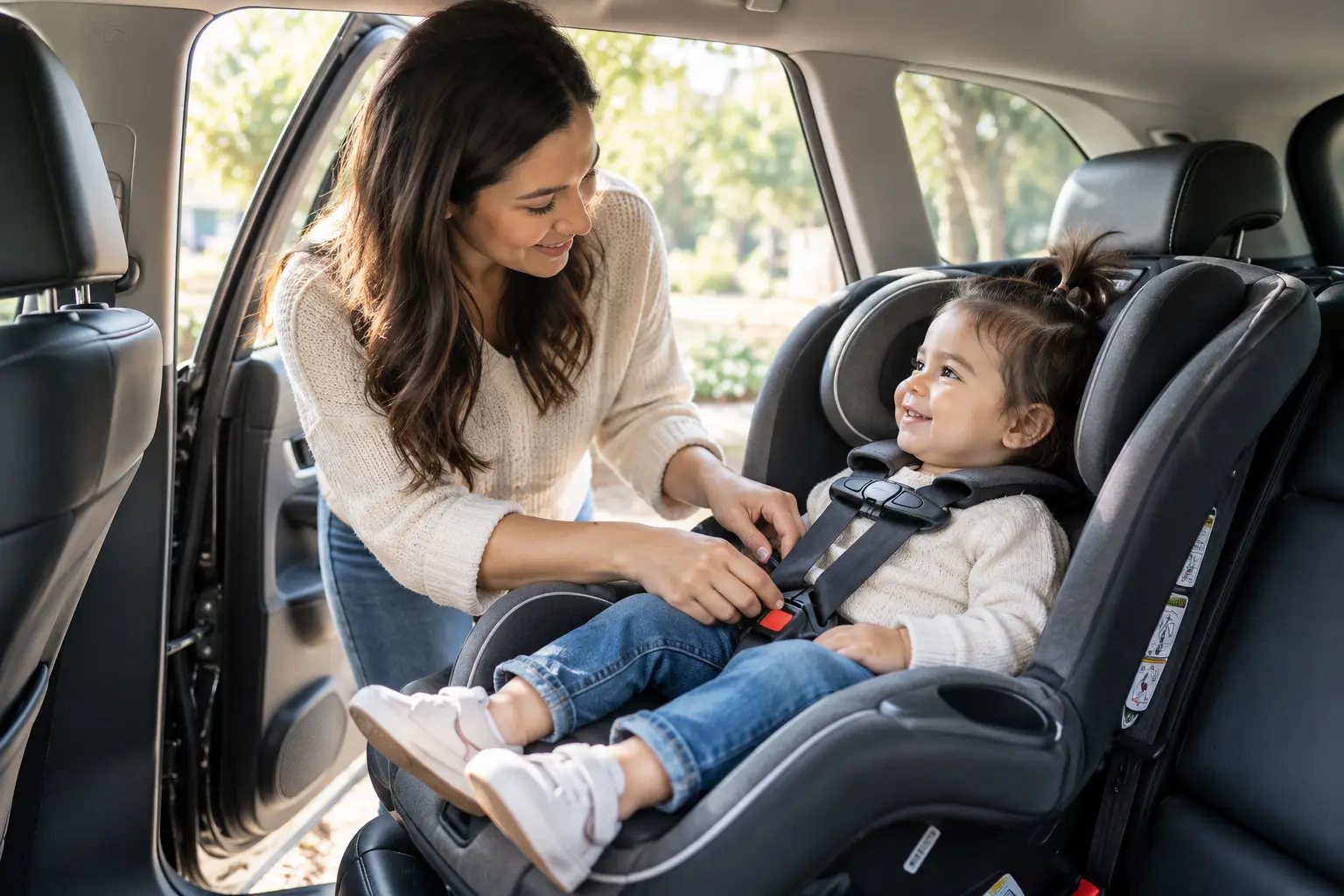Mother securing her toddler in a car seat while ensuring proper child passenger safety