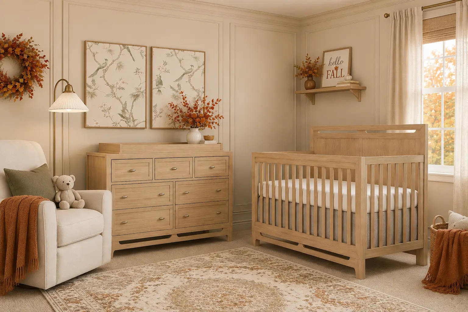 A cozy, fall-decorated nursery featuring a light wood crib, matching dresser, a cream rocking chair with a teddy bear, and autumn foliage.