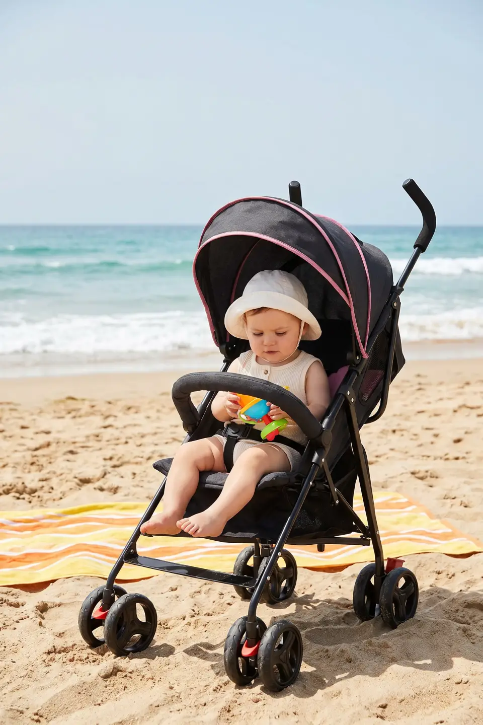 A baby in a sun hat sits in a black stroller on a sandy beach, playing with a toy, with the ocean in the background.