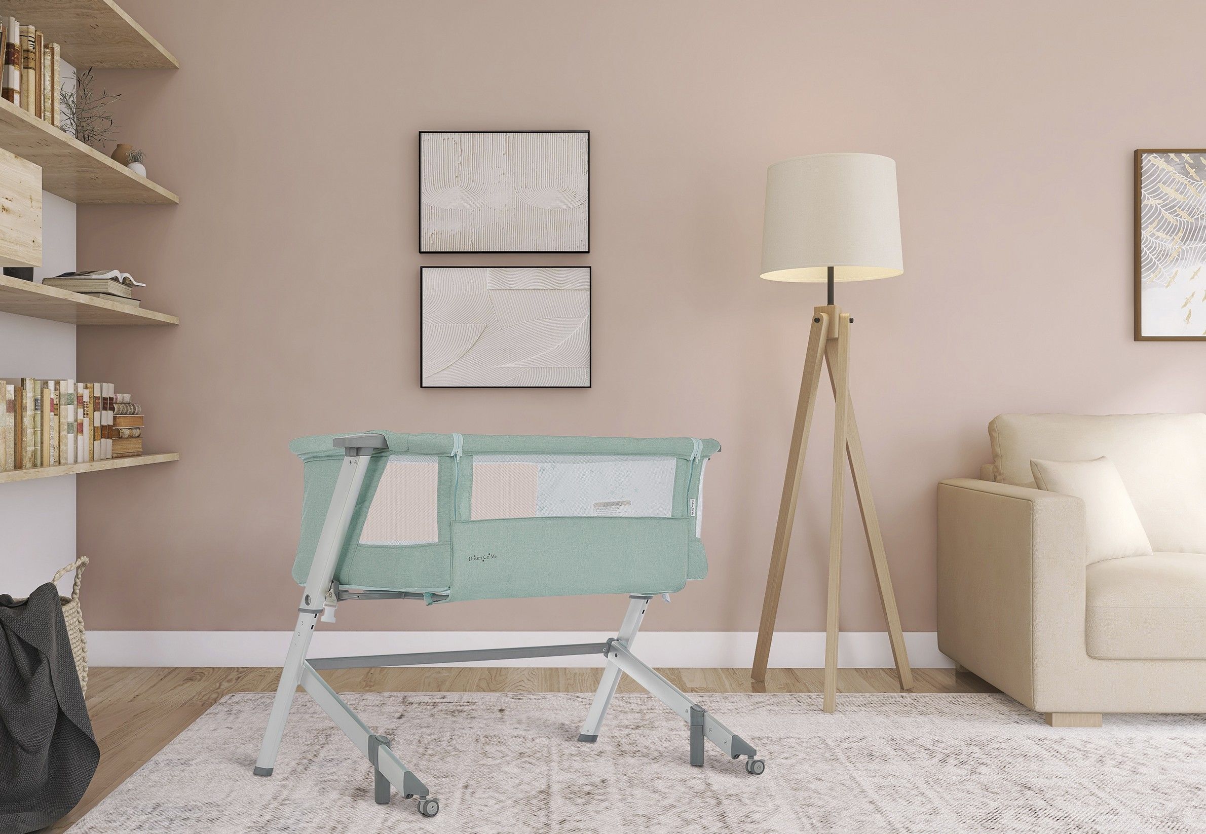 Dream On Me Skylar bassinet in mint green with mesh sides and adjustable stand in modern living room