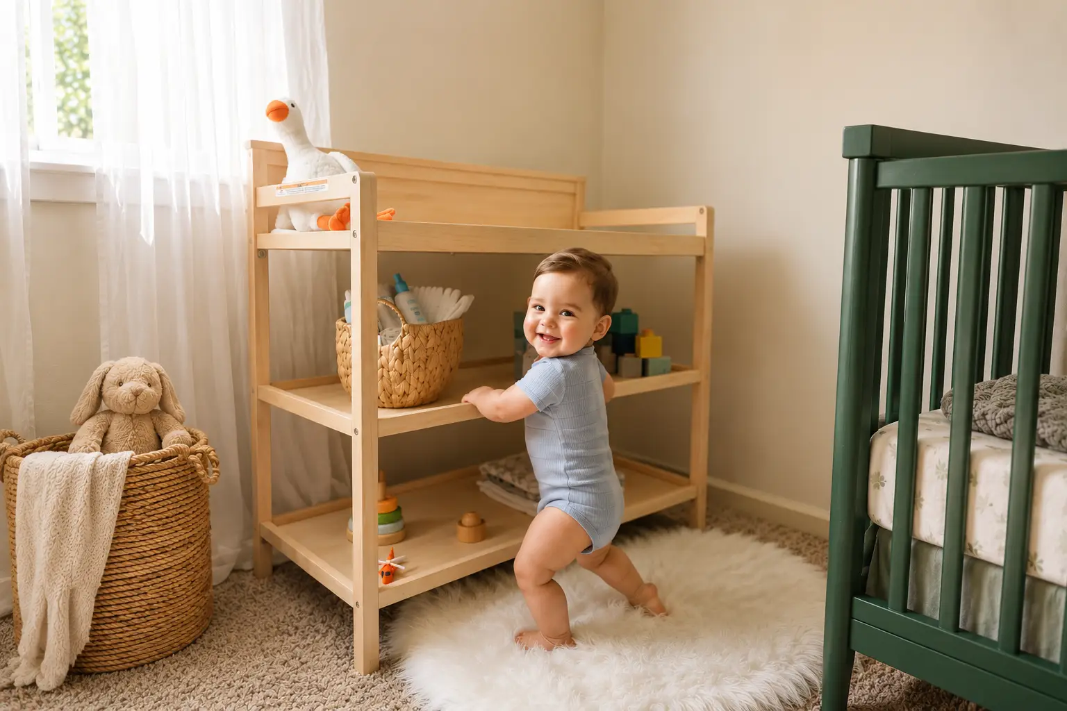 A smiling baby stands next to a wooden changing table in a cozy nursery.