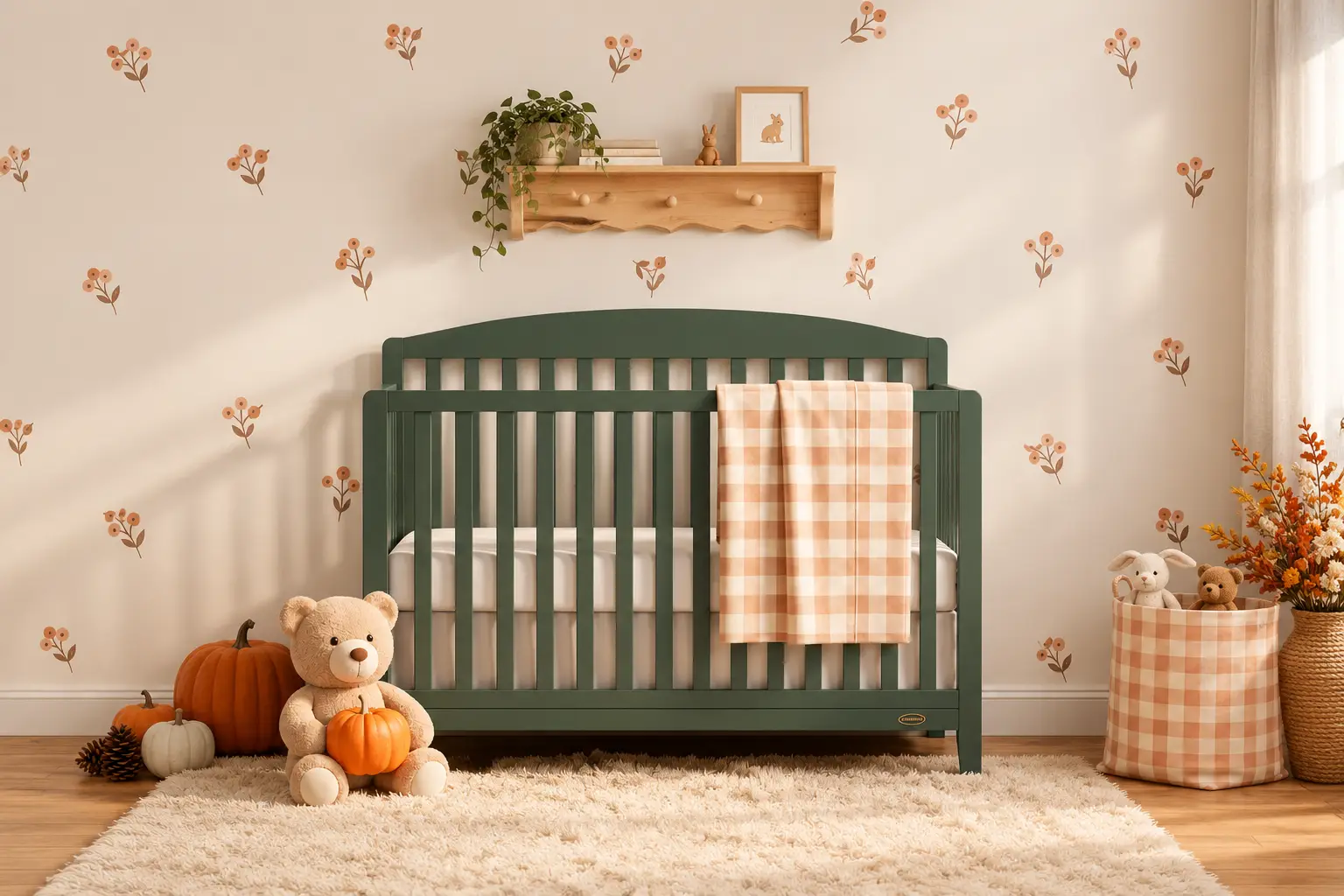 An autumn-themed nursery featuring a dark green crib, floral wall decals, a teddy bear, and pumpkins.
