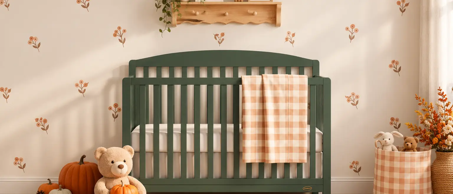 An autumn-themed nursery featuring a dark green crib, floral wall decals, a teddy bear, and pumpkins.