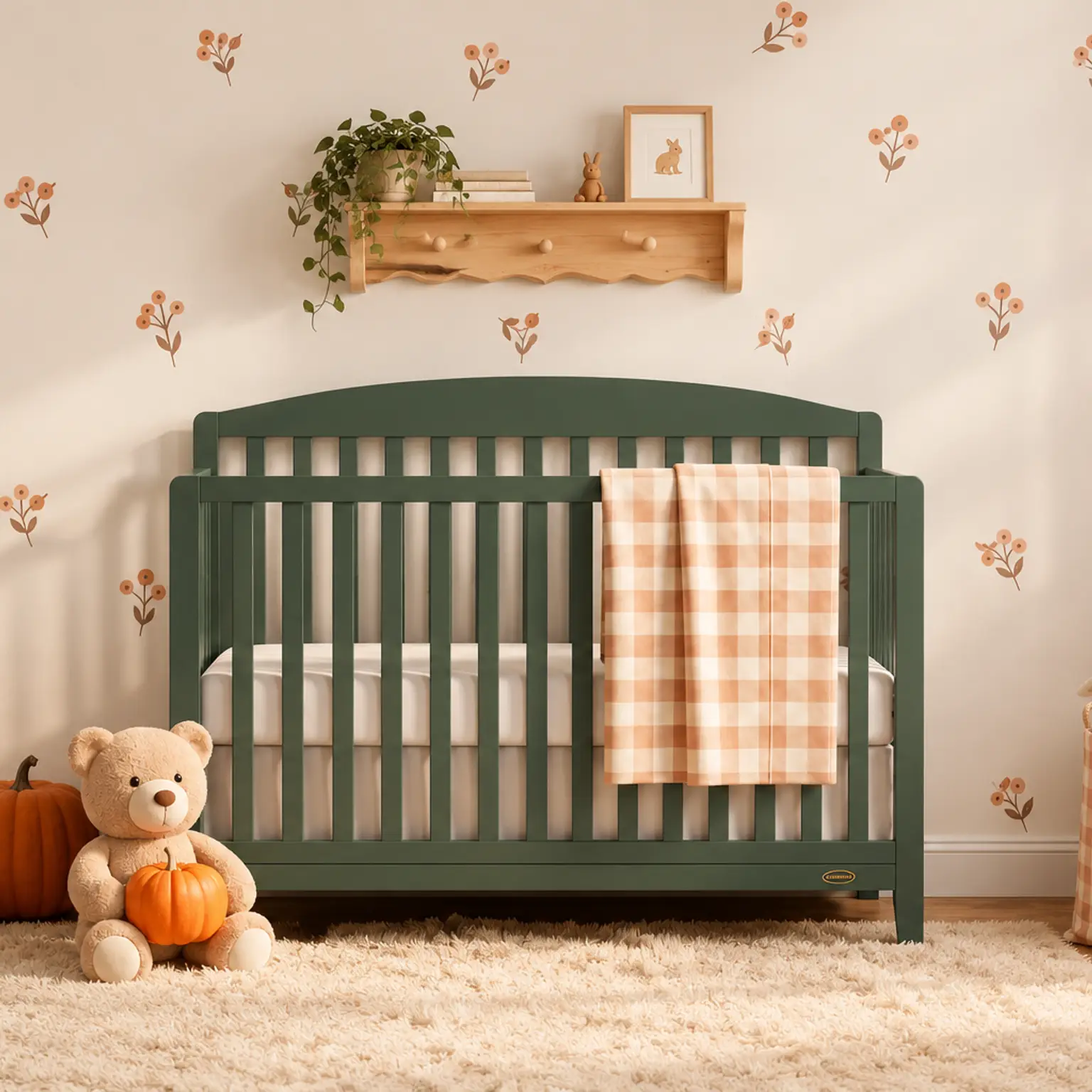 An autumn-themed nursery featuring a dark green crib, floral wall decals, a teddy bear, and pumpkins.