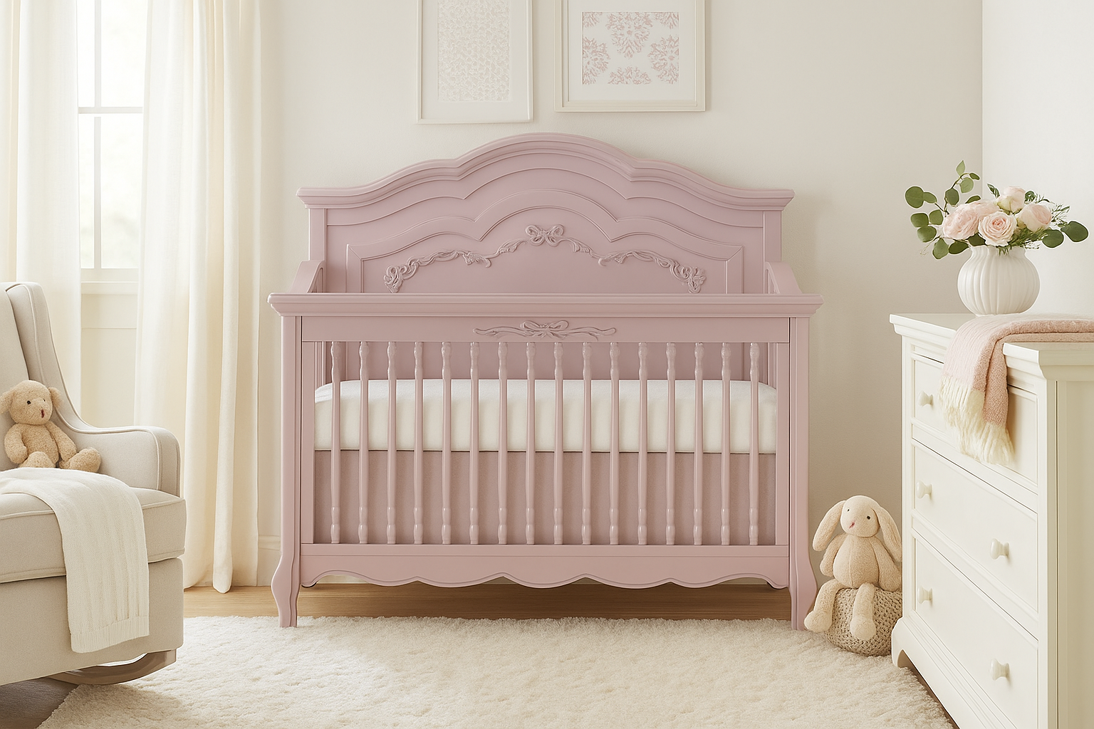 Evolur Aurora crib with carved details in a soft, neutral nursery featuring plush toys, a cream armchair, and floral décor
