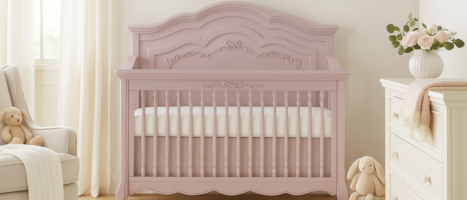 Evolur Aurora crib with carved details in a soft, neutral nursery featuring plush toys, a cream armchair, and floral décor