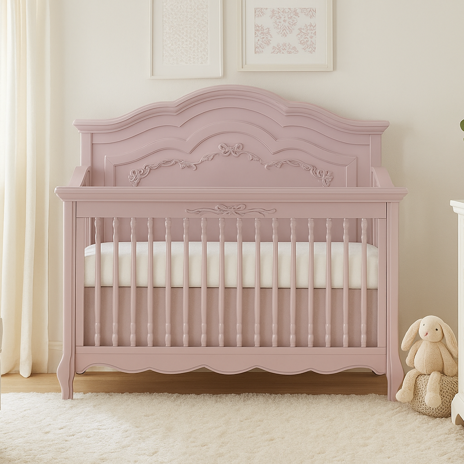 Evolur Aurora crib with carved details in a soft, neutral nursery featuring plush toys, a cream armchair, and floral décor