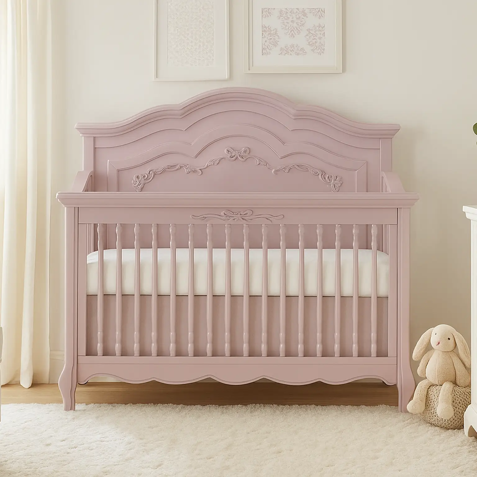 Evolur Aurora crib with carved details in a soft, neutral nursery featuring plush toys, a cream armchair, and floral décor