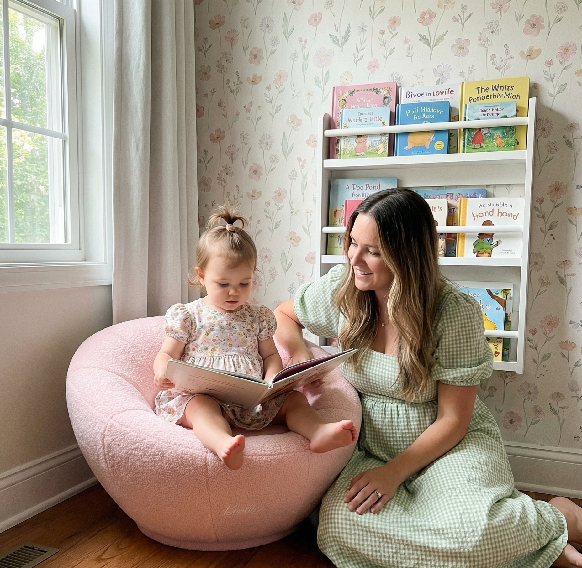 A mama and her little one sharing a sweet reading moment in a sunlit, floral nursery