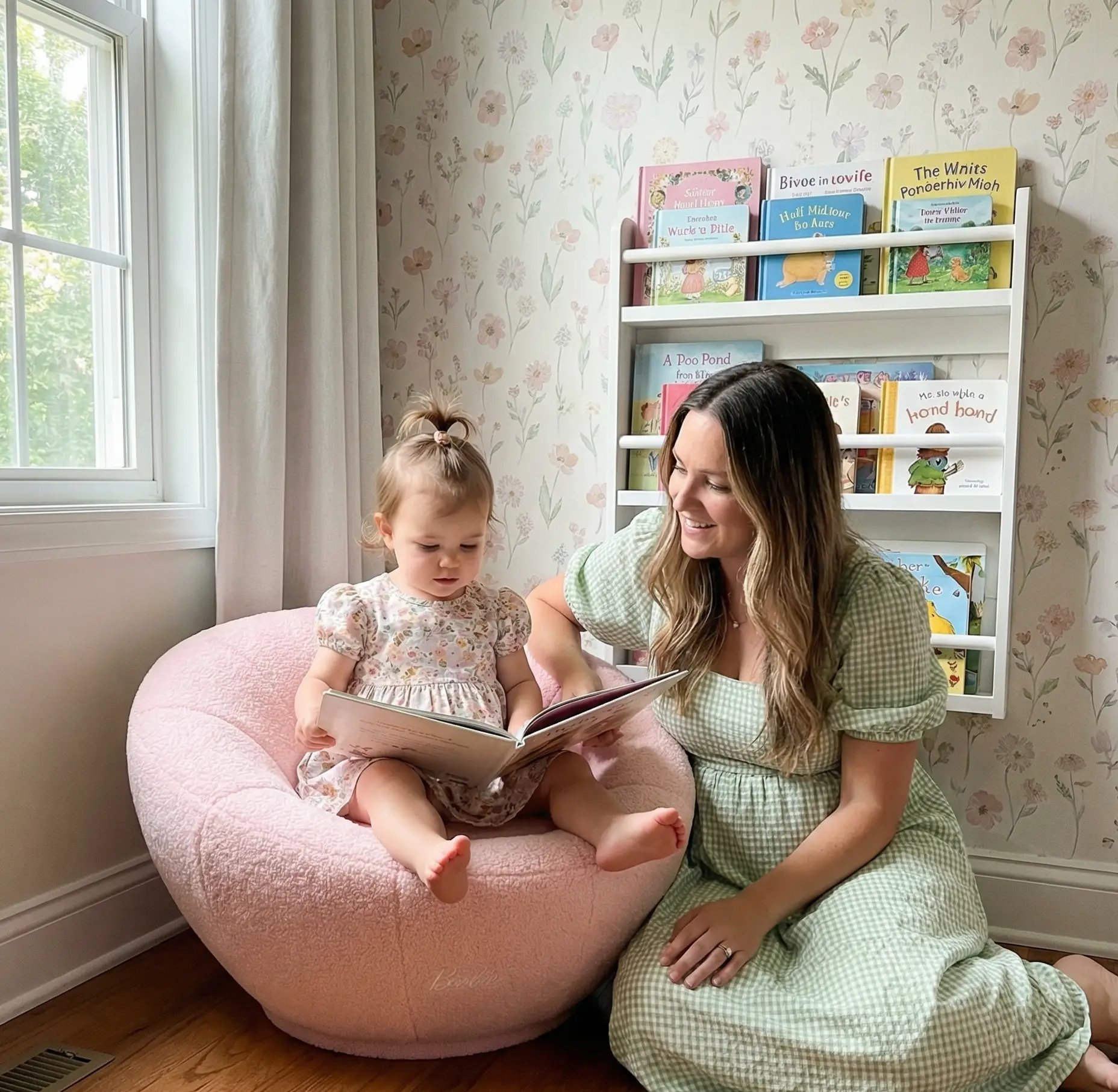 A mama and her little one sharing a sweet reading moment in a sunlit, floral nursery