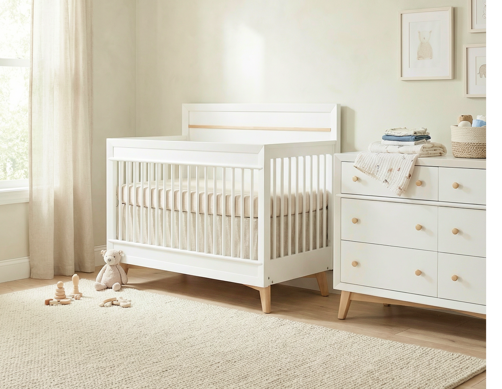 Minimalist baby nursery with white crib, wooden accents, and soft neutral decor