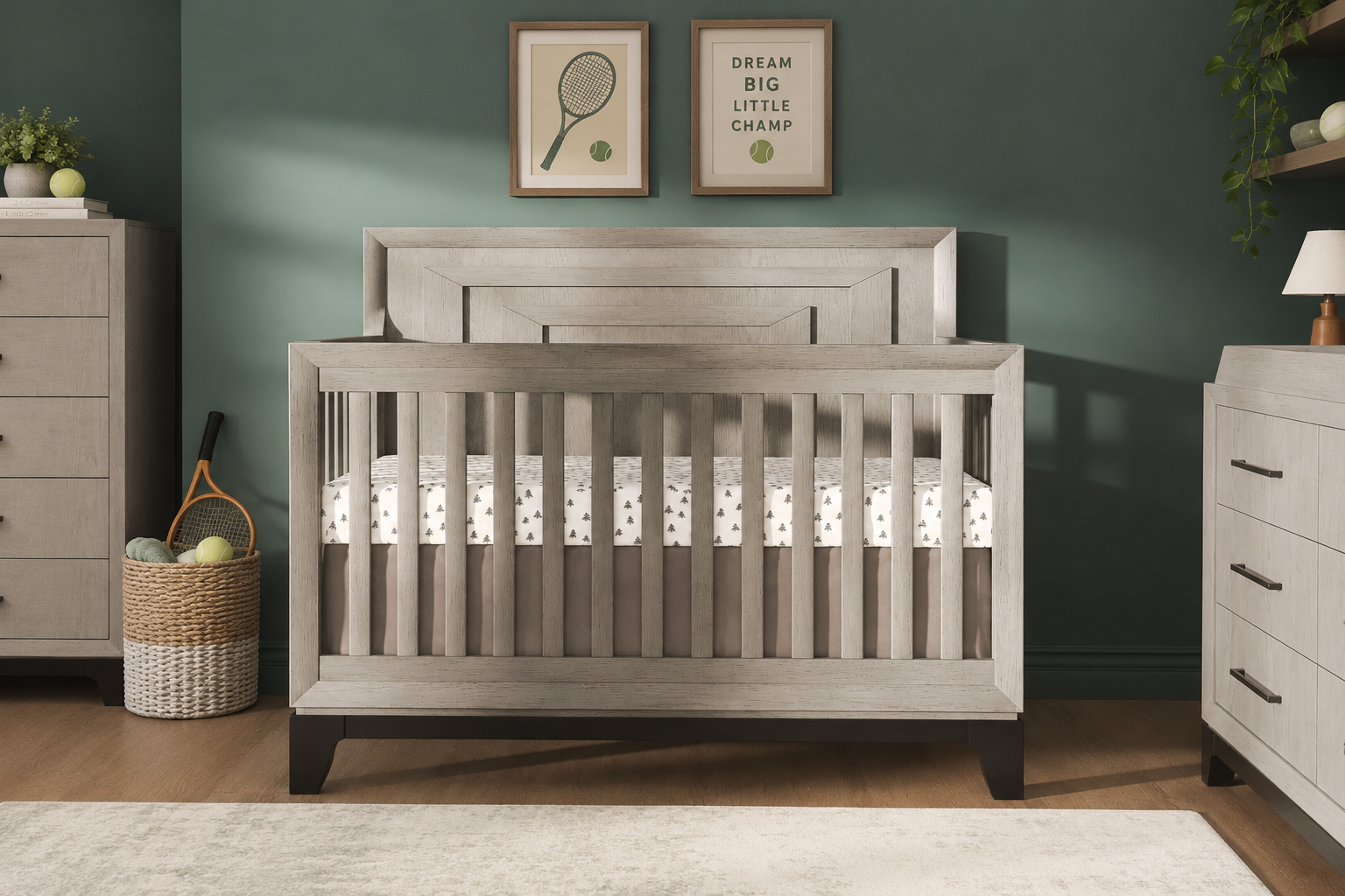 Modern grey crib in a nursery with dark green walls, tennis-themed decor, and matching dressers.