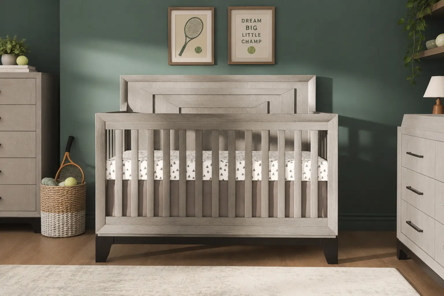Modern grey crib in a nursery with dark green walls, tennis-themed decor, and matching dressers.