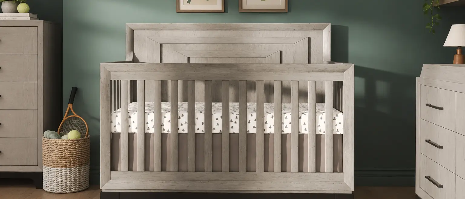 Modern grey crib in a nursery with dark green walls, tennis-themed decor, and matching dressers.