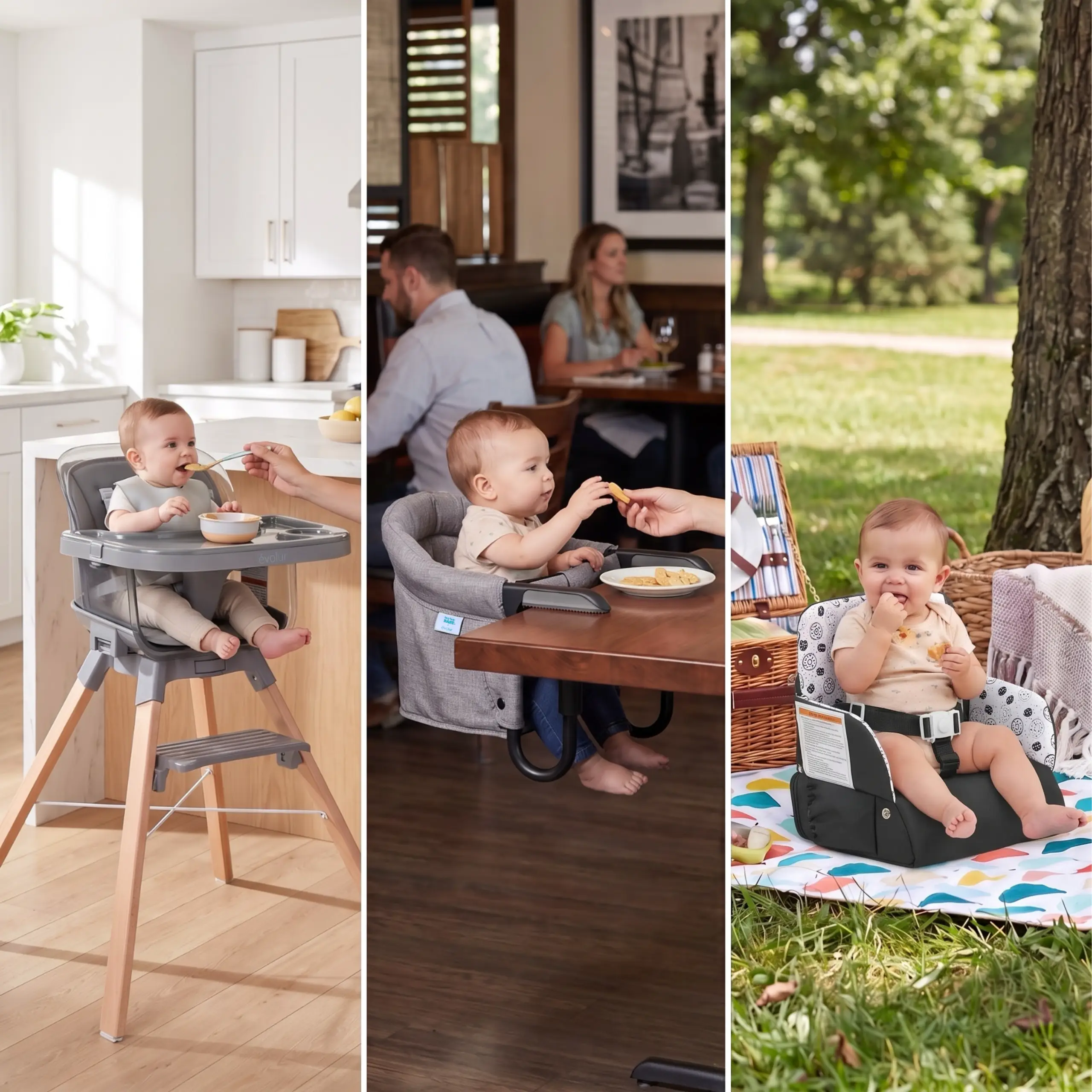 Three images show a baby eating in various portable seats: a high chair at home, a clip-on chair in a restaurant, and a booster seat at a picnic.