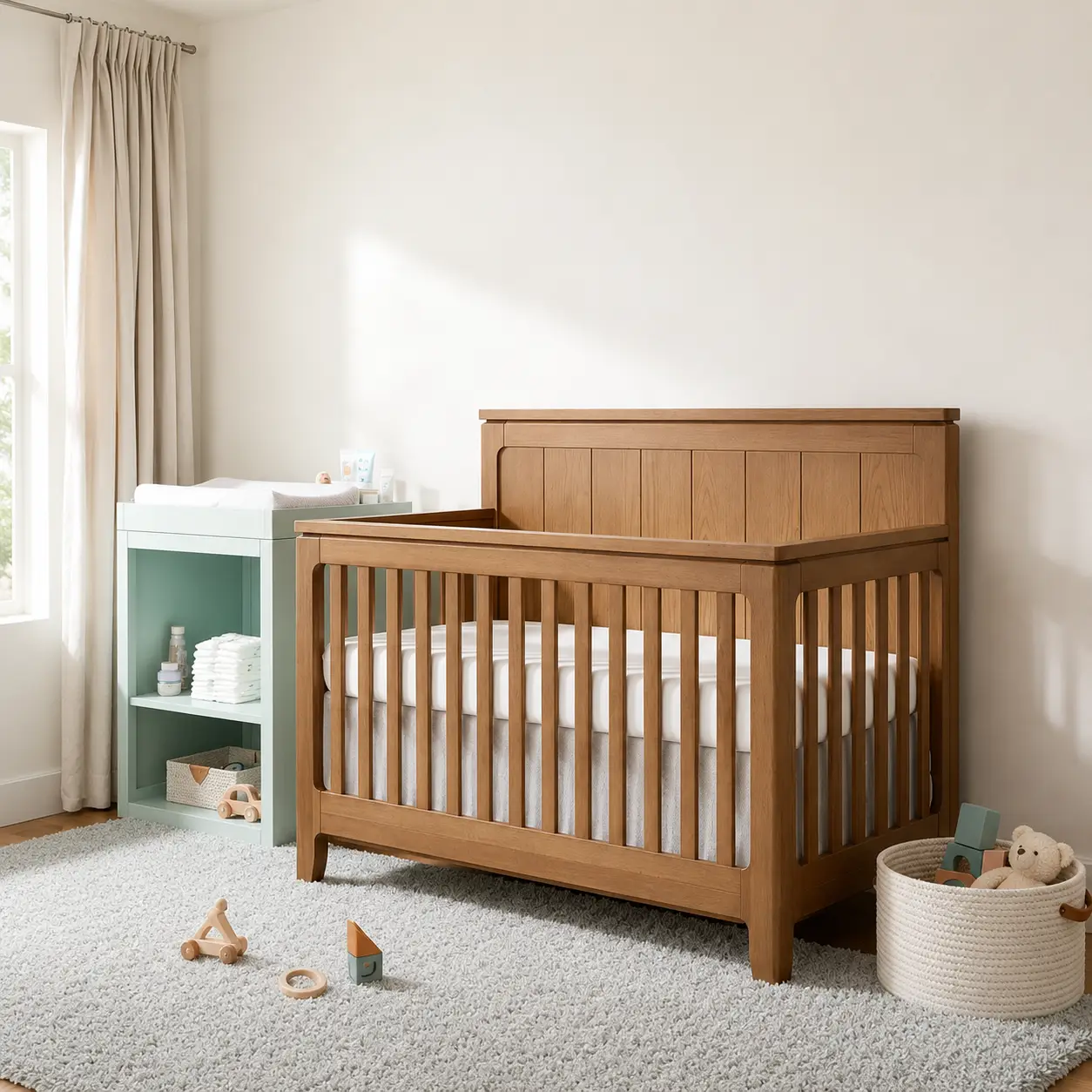 Warm honey-toned wood convertible crib in a soft, neutral nursery styled with a changing table, plush rug, and scattered wooden toys