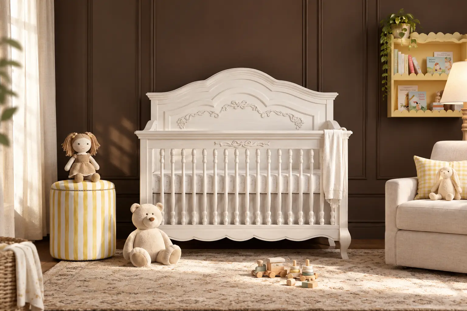 An elegant nursery with a white ornate crib, cream armchair, yellow accents, and toys on a patterned rug.