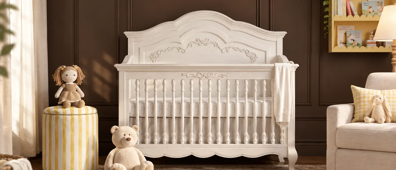 An elegant nursery with a white ornate crib, cream armchair, yellow accents, and toys on a patterned rug.