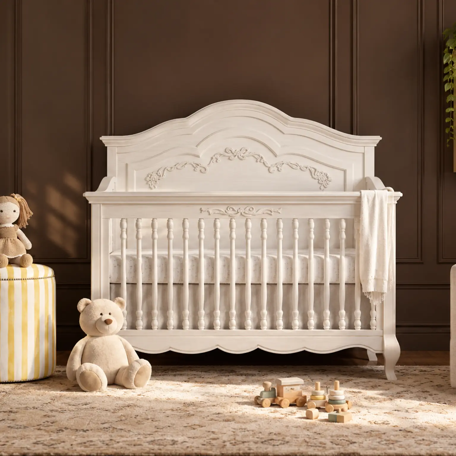 An elegant nursery with a white ornate crib, cream armchair, yellow accents, and toys on a patterned rug.