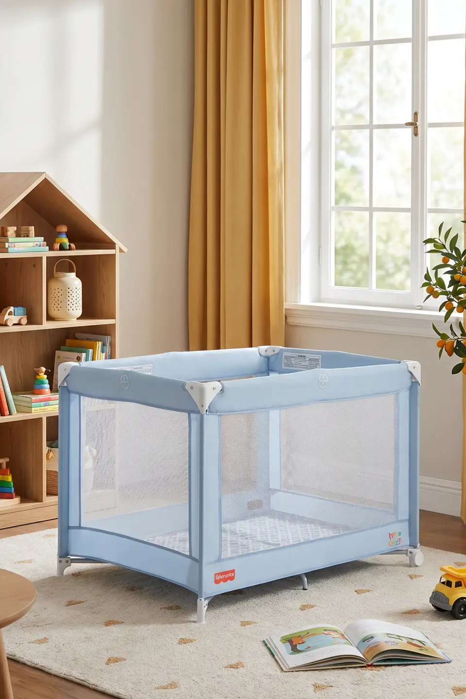 A light blue Fisher-Price playpen with mesh sides sits on a patterned rug in a bright room with a wooden bookshelf and window.