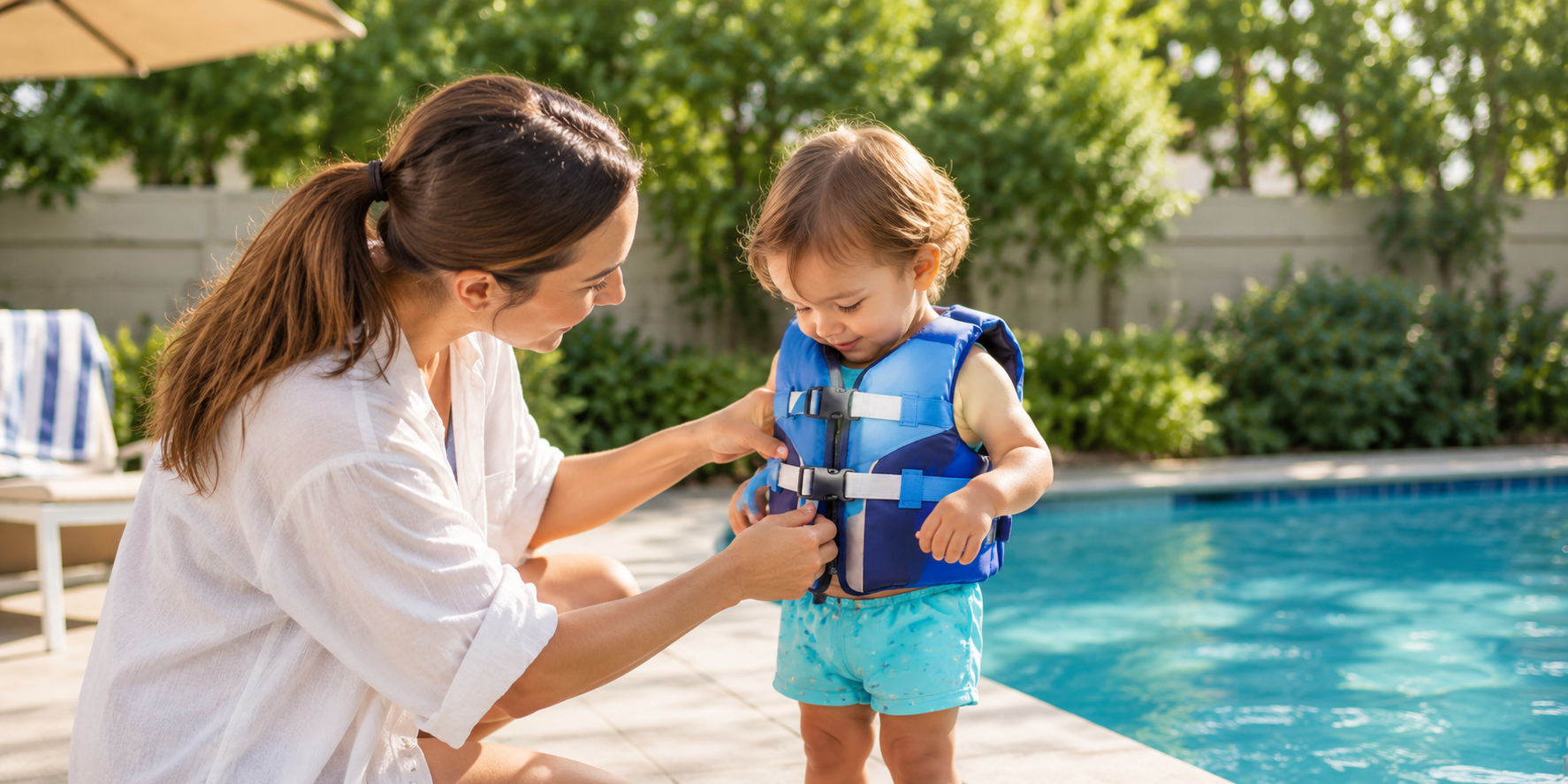 A woman fastens a blue life jacket on a toddler by a swimming pool.