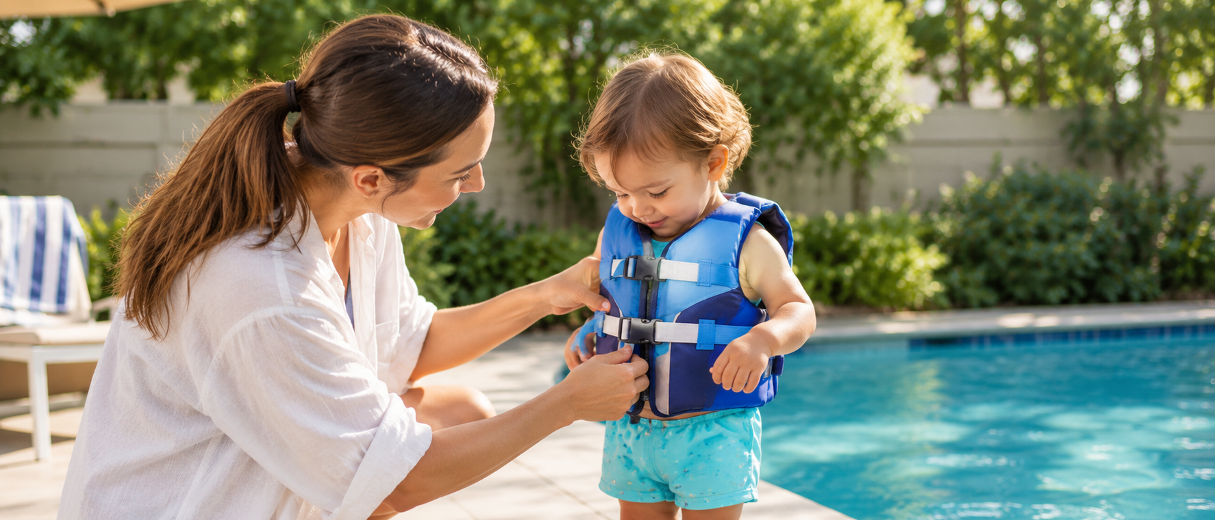 A woman fastens a blue life jacket on a toddler by a swimming pool.