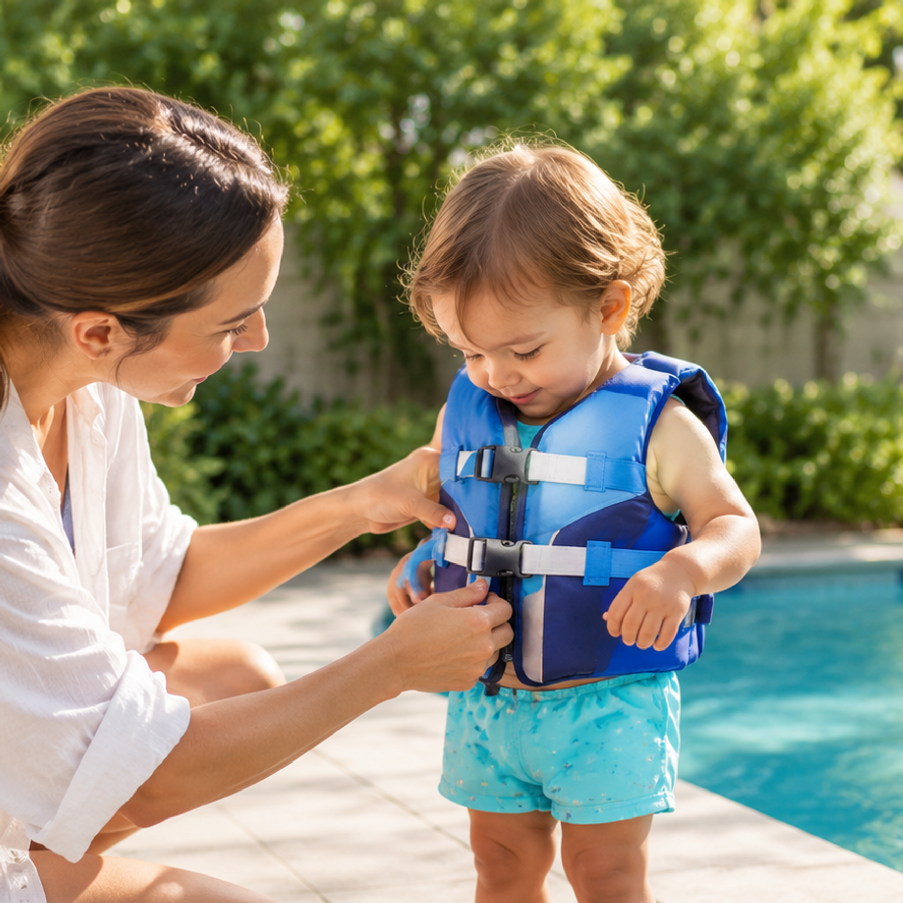 A woman fastens a blue life jacket on a toddler by a swimming pool.