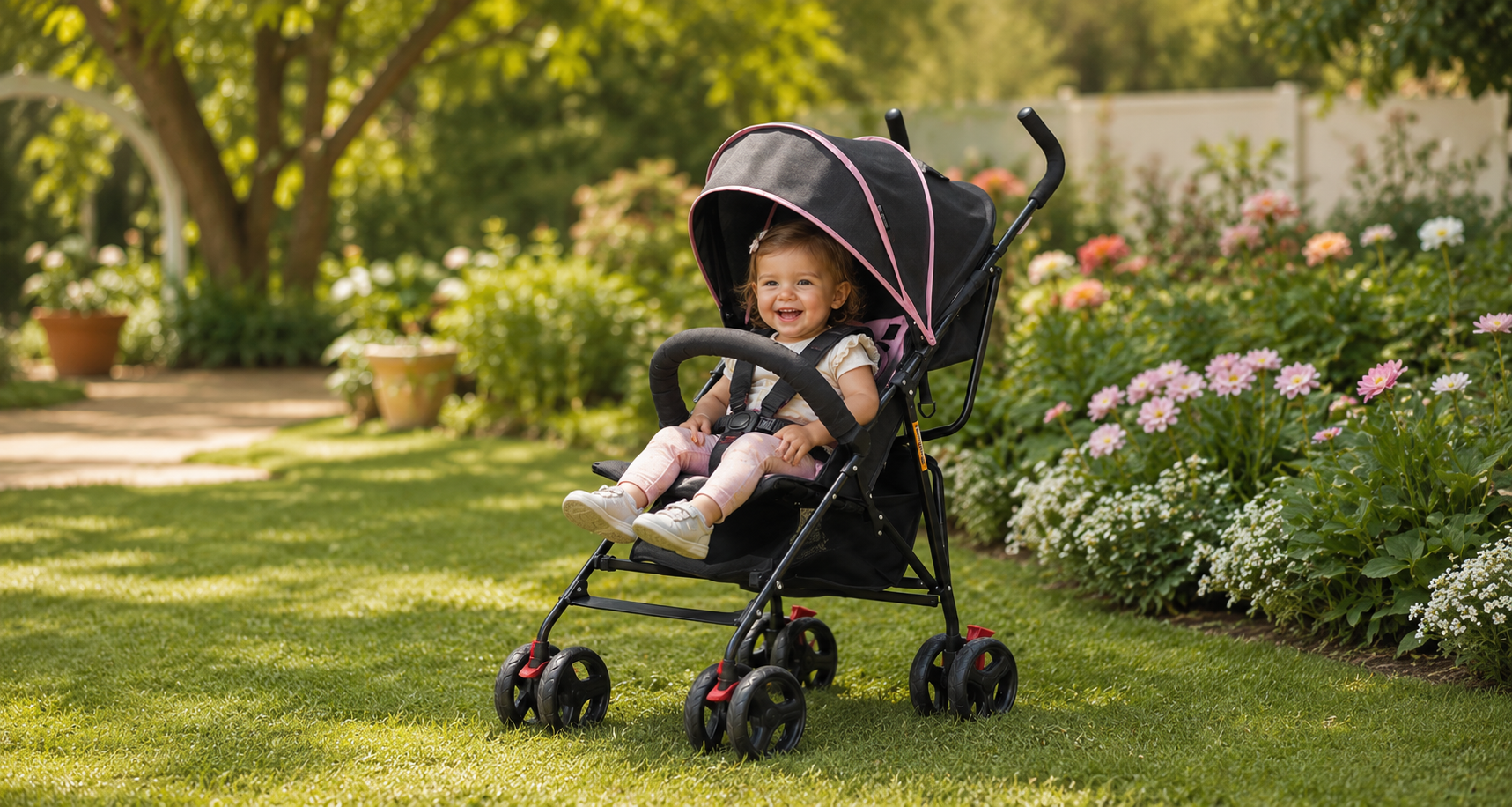 Smiling baby girl sitting in a black and pink Dream on Me vista moonwalk  stroller on a sunny garden lawn surrounded by colorful blooming flowers