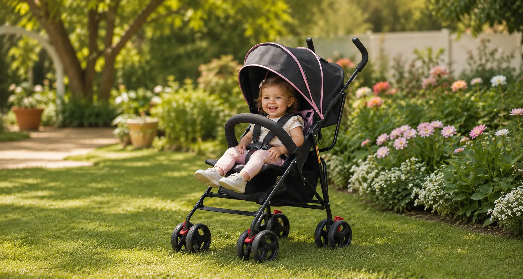 Smiling baby girl sitting in a black and pink Dream on Me vista moonwalk  stroller on a sunny garden lawn surrounded by colorful blooming flowers