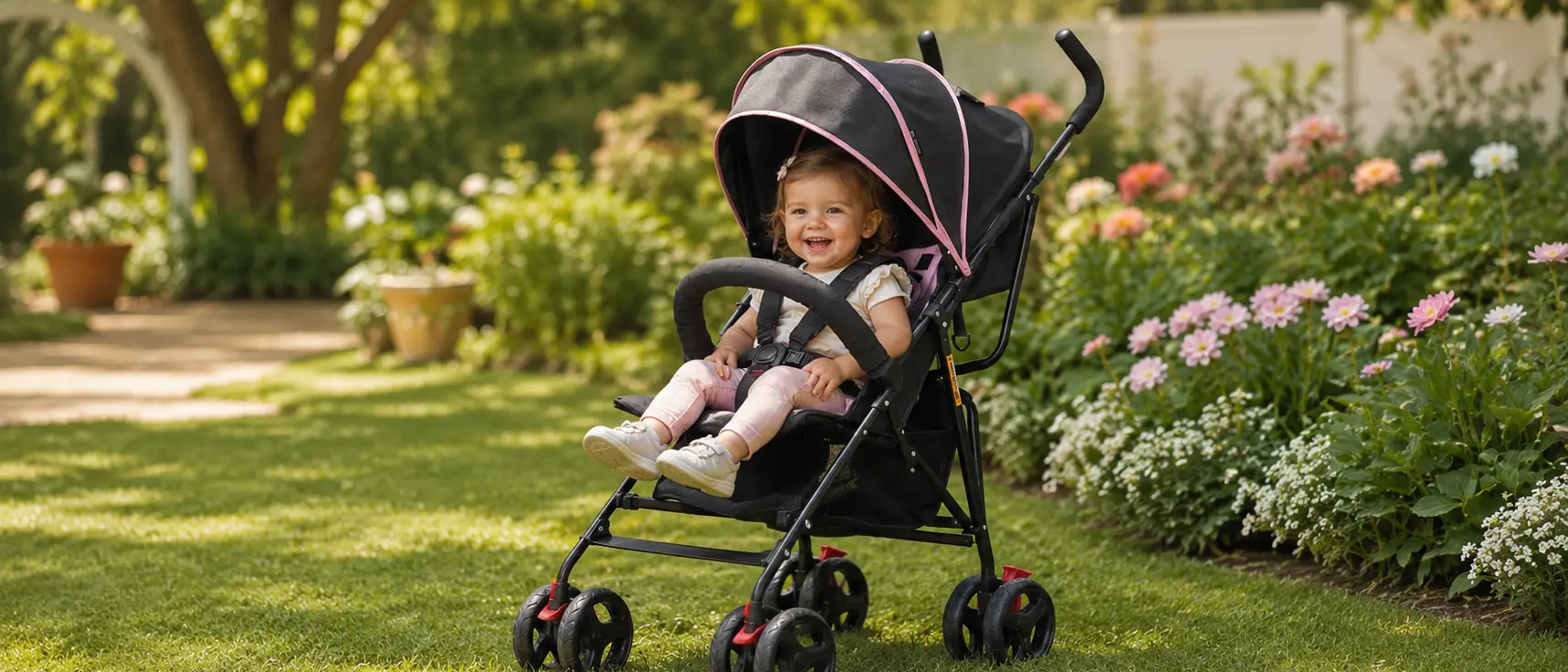 Smiling baby girl sitting in a black and pink Dream on Me vista moonwalk stroller on a sunny garden lawn surrounded by colorful blooming flowers