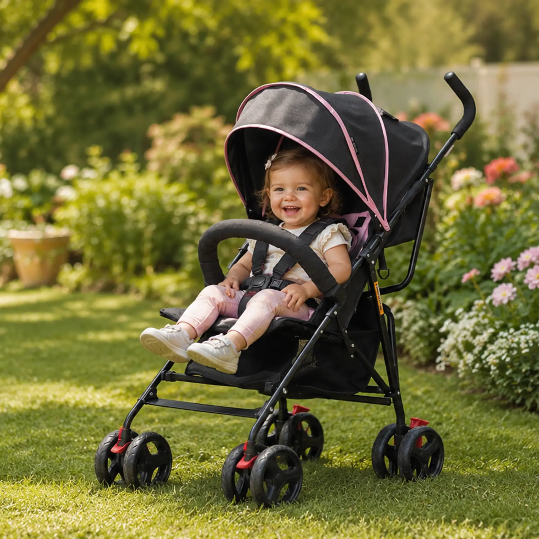 Smiling baby girl sitting in a black and pink Dream on Me vista moonwalk stroller on a sunny garden lawn surrounded by colorful blooming flowers