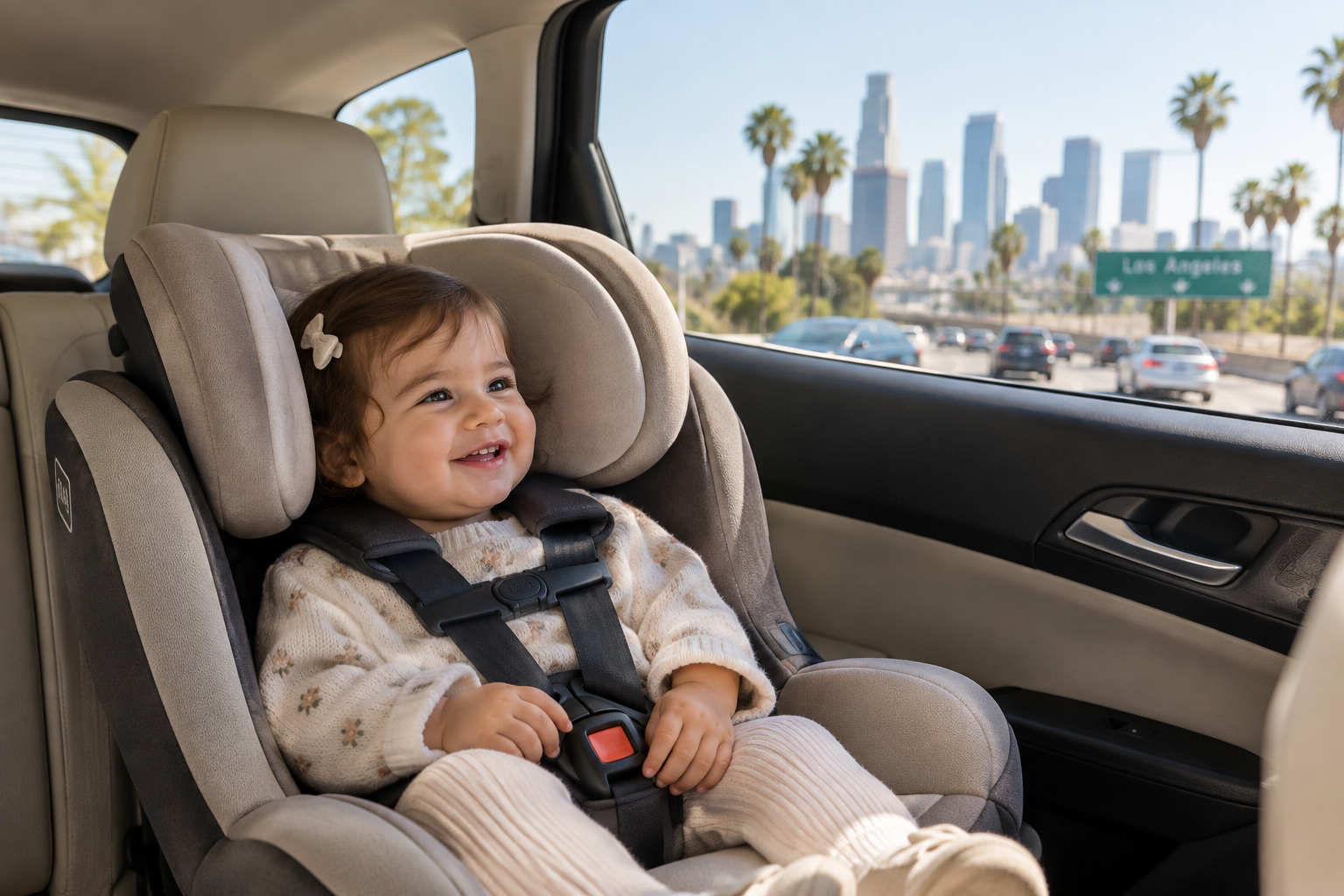 Happy baby in a car seat with Los Angeles skyline in the background.