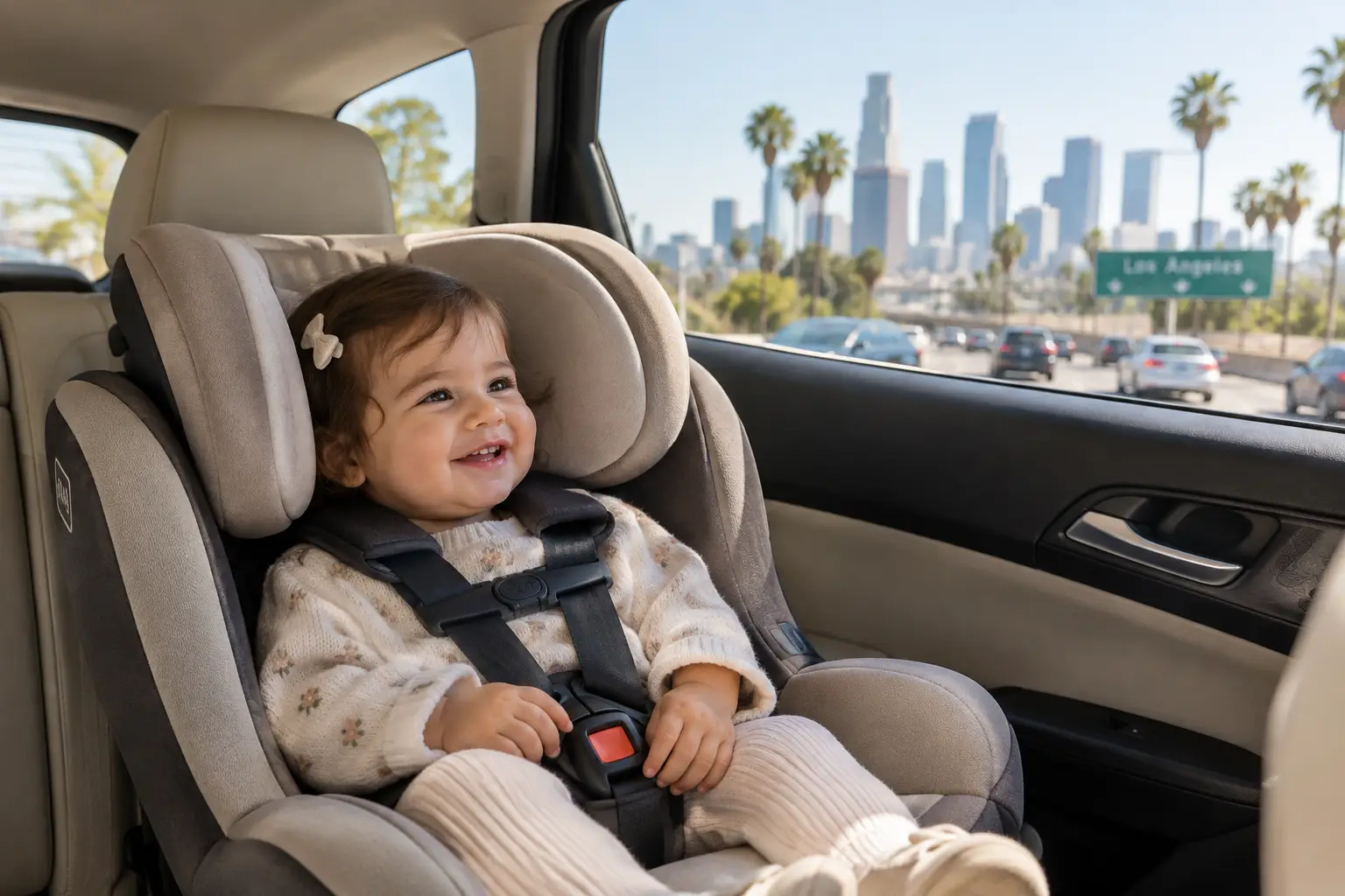 Happy baby in a car seat with Los Angeles skyline in the background.