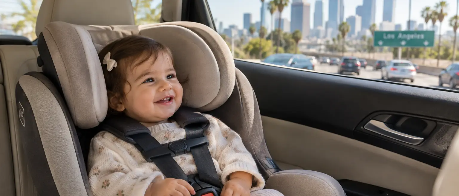 Happy baby in a car seat with Los Angeles skyline in the background.