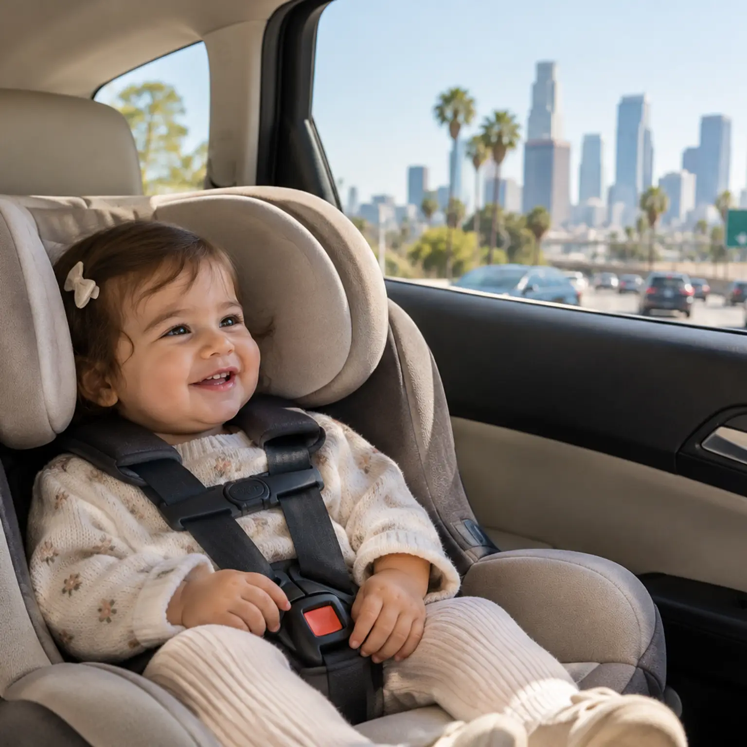 Happy baby in a car seat with Los Angeles skyline in the background.