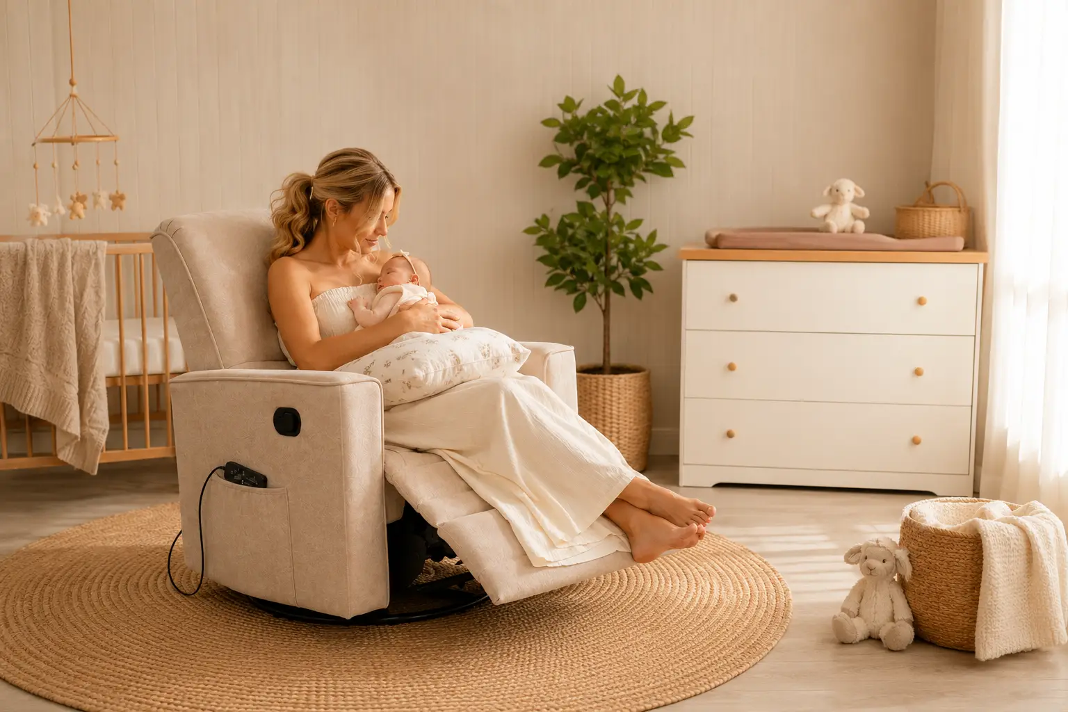 Mother and baby relaxing on a glider in a cozy nursery on a summer afternoon