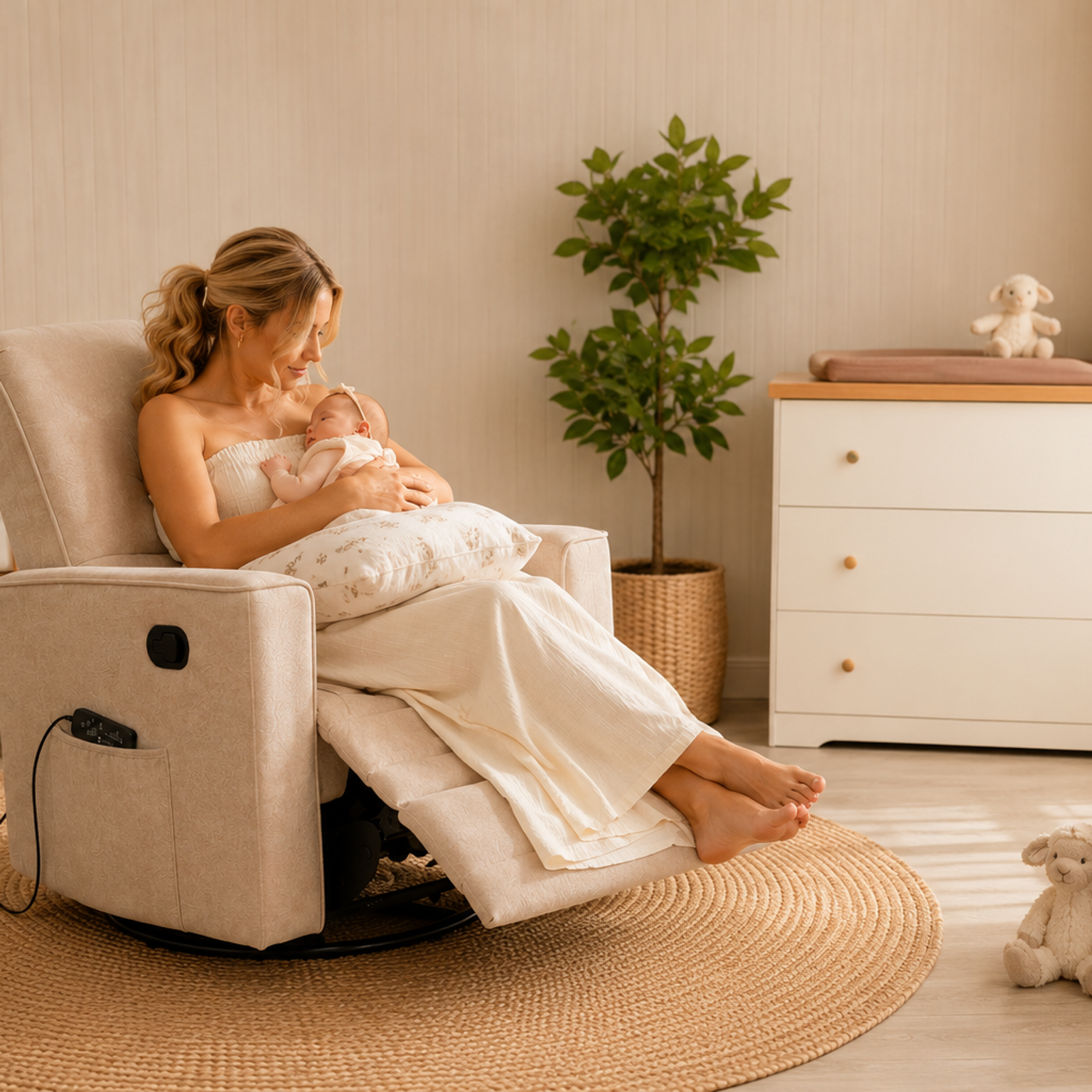 Mother and baby relaxing on a glider in a cozy nursery on a summer afternoon