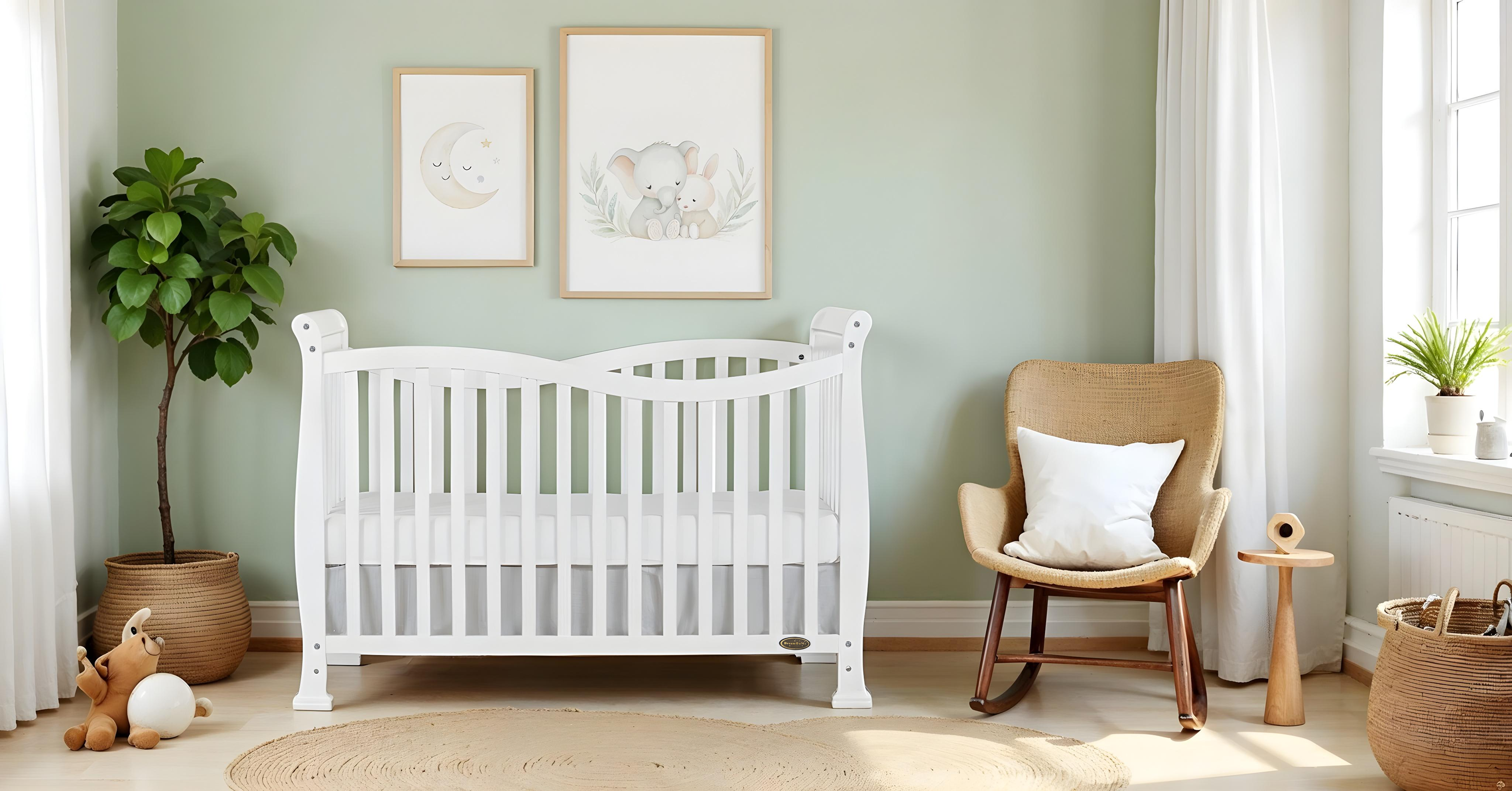Minimalist baby nursery featuring Dream On Me Violet 7-in-1 Convertible Crib, sage green walls, animal artwork, and natural and non-toxic wood accents