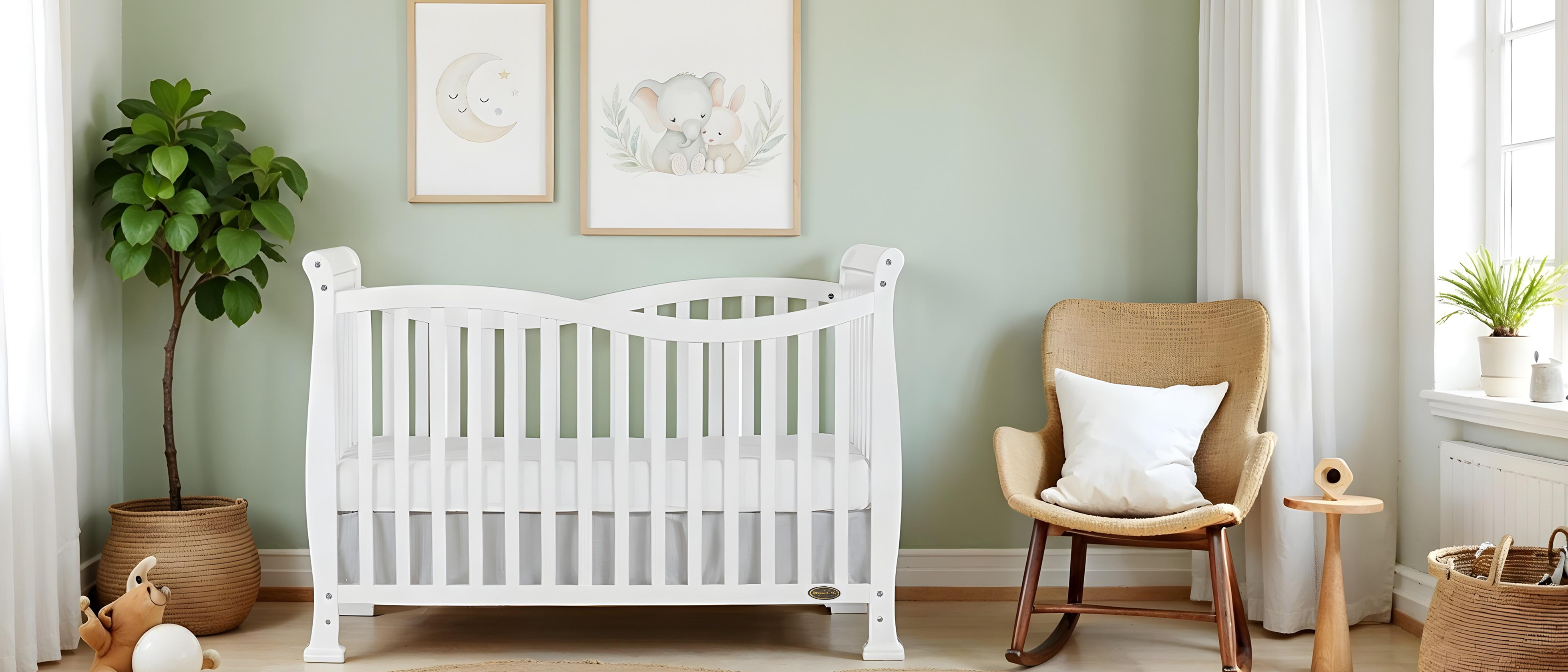 Minimalist baby nursery featuring Dream On Me Violet 7-in-1 Convertible Crib, sage green walls, animal artwork, and natural and non-toxic wood accents