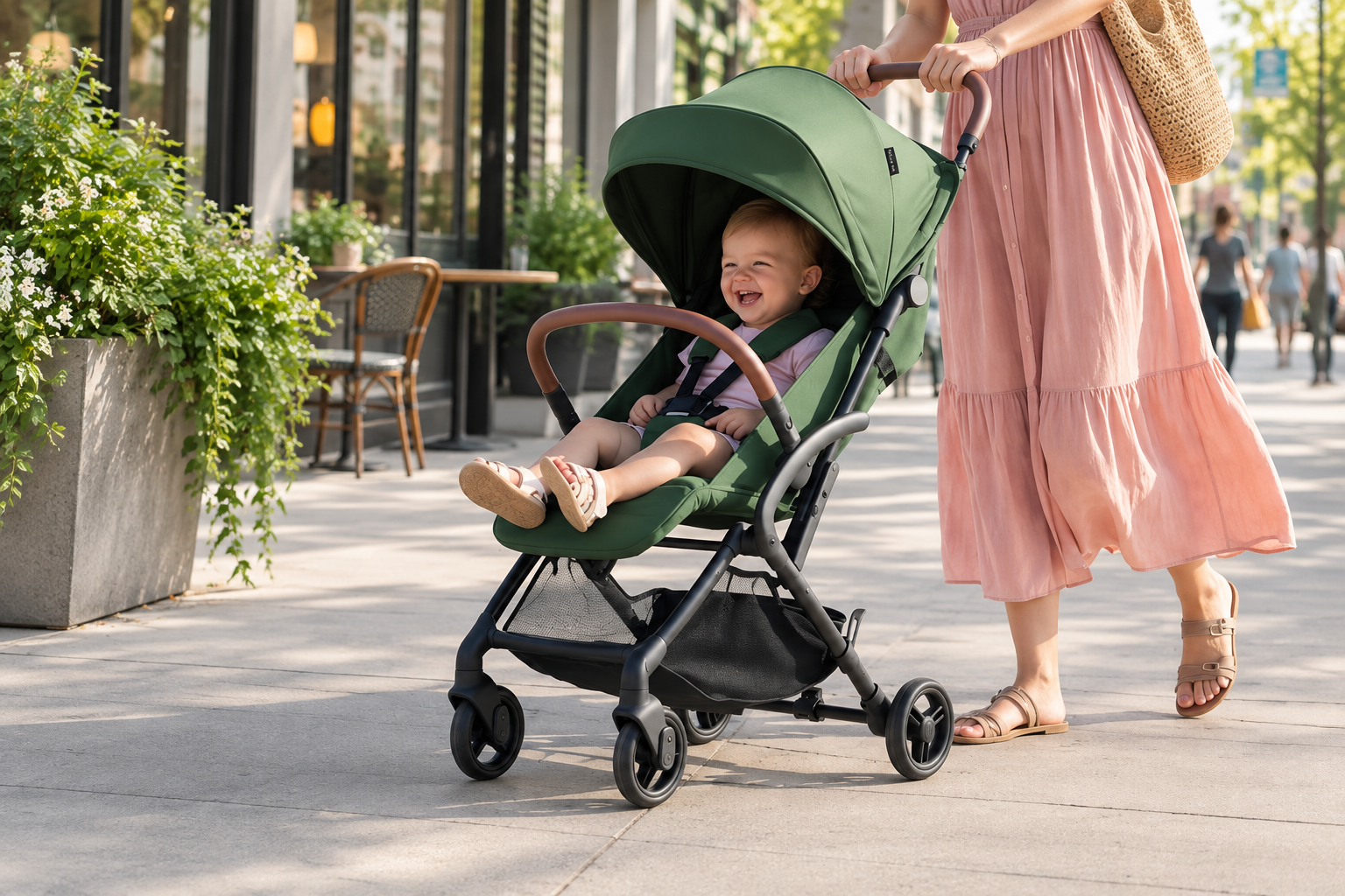 A smiling baby in a green stroller is pushed on a sunny sidewalk.