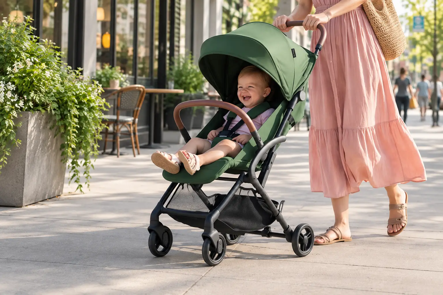 A smiling baby in a green stroller is pushed on a sunny sidewalk.