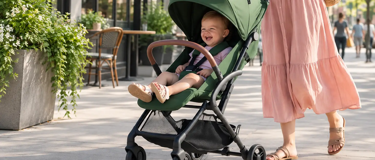 A smiling baby in a green stroller is pushed on a sunny sidewalk.