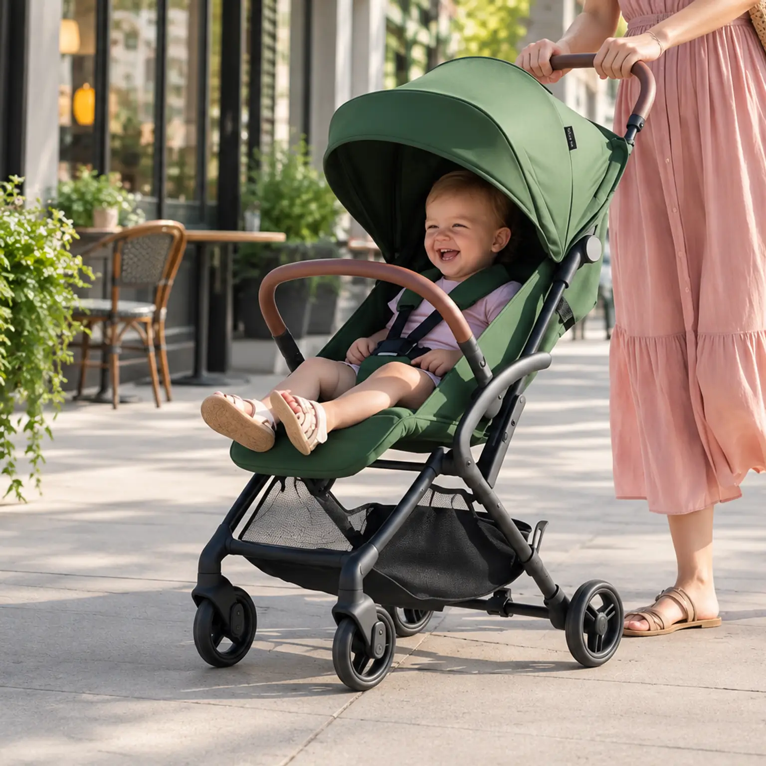A smiling baby in a green stroller is pushed on a sunny sidewalk.