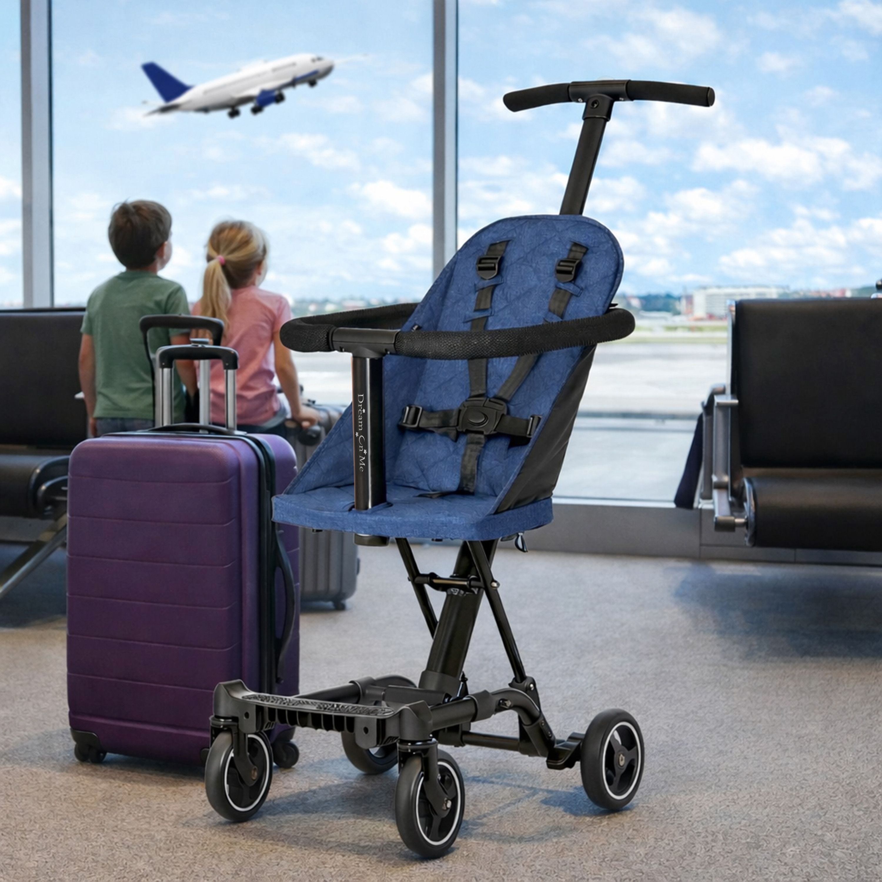 Dream On Me Coast Rider lightweight travel stroller at airport with suitcase and airplane in background