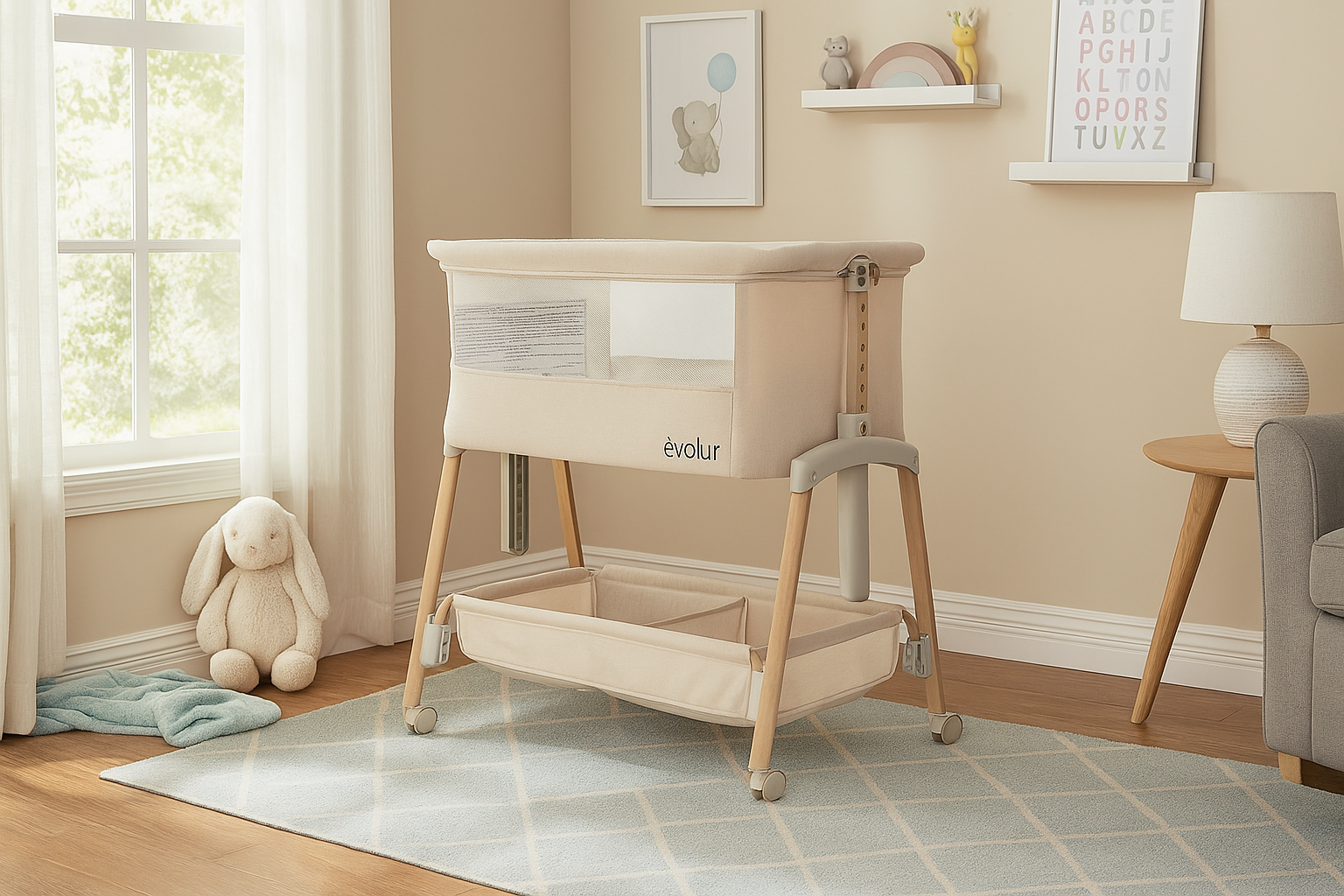 Evolur Lullaby bassinet with storage shelf, placed in a cozy nursery with soft lighting and wooden furniture