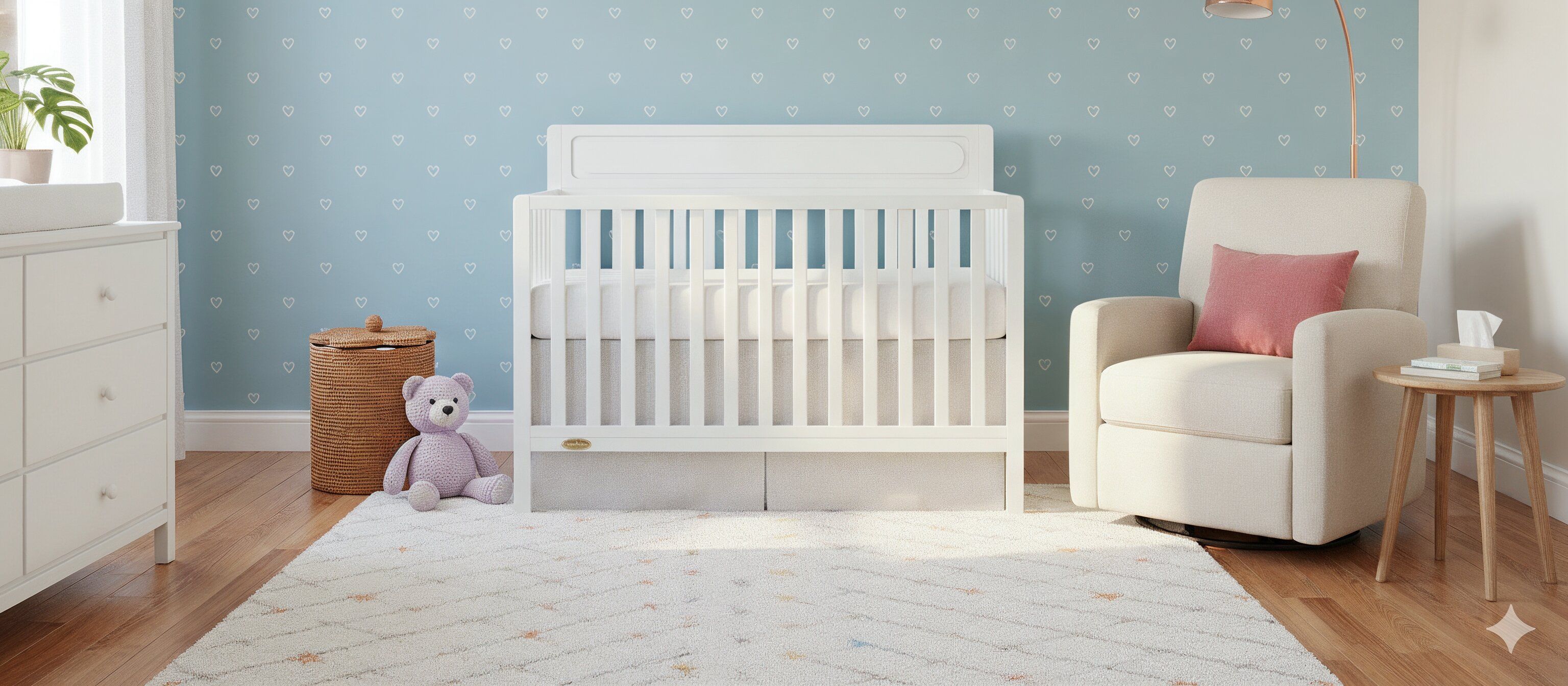 Modern baby nursery with a white crib, pastel blue wall with heart prints, soft rug, and armchair