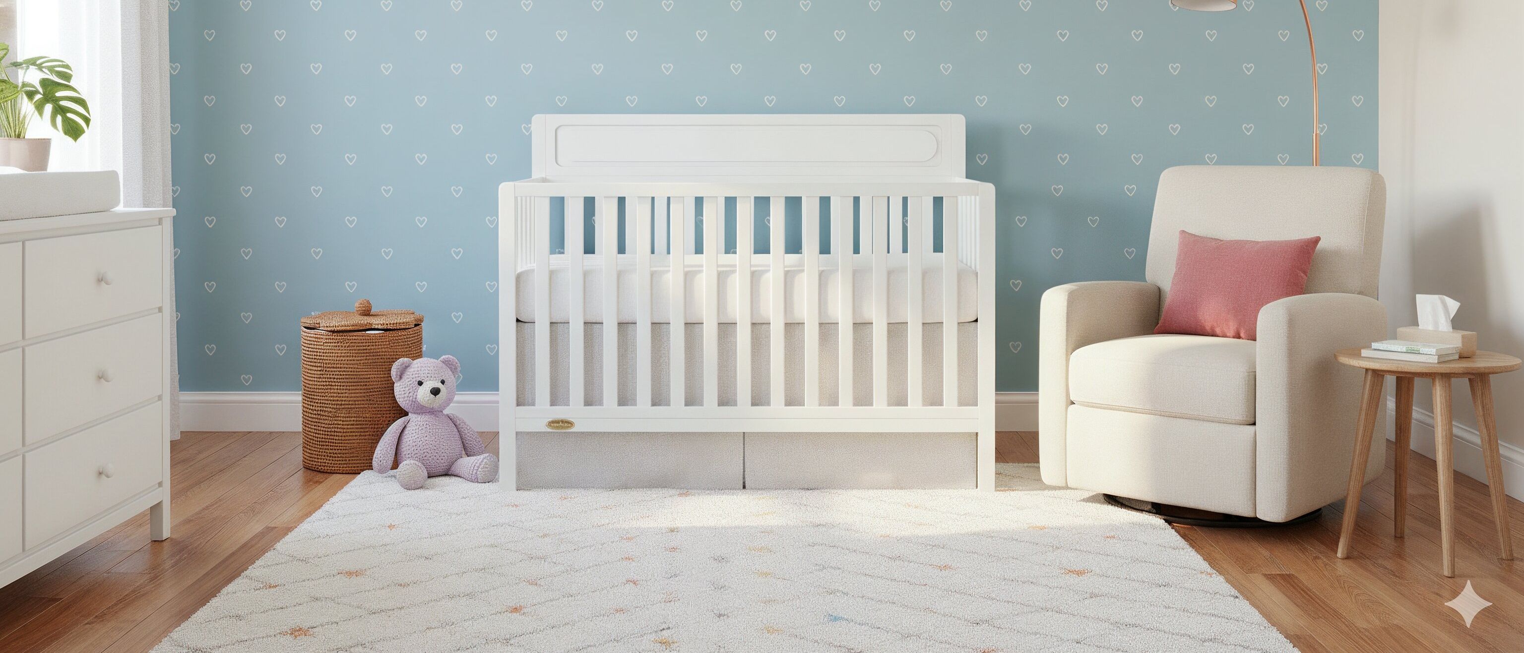 Modern baby nursery with a white crib, pastel blue wall with heart prints, soft rug, and armchair